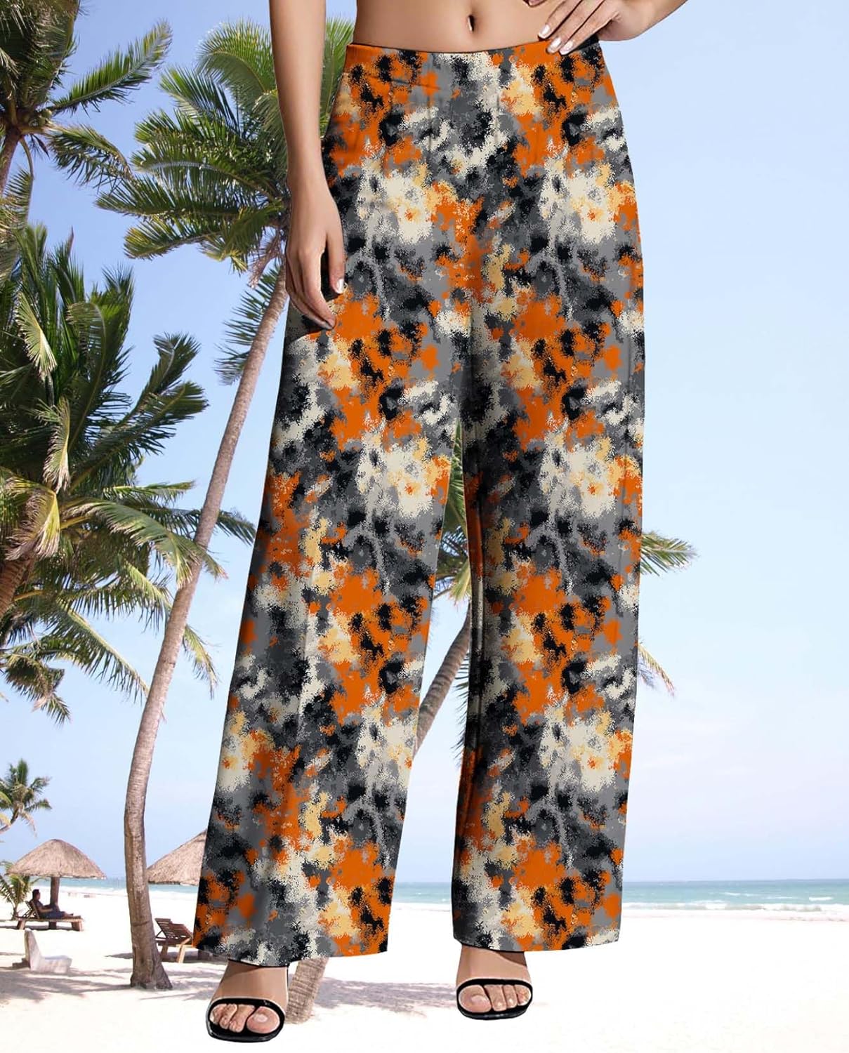 Womens Wide Leg Pants Plus Size High Waisted Pattern Print Lounge Trousers Classic Basic Comfy Work Office Pant - Image 2