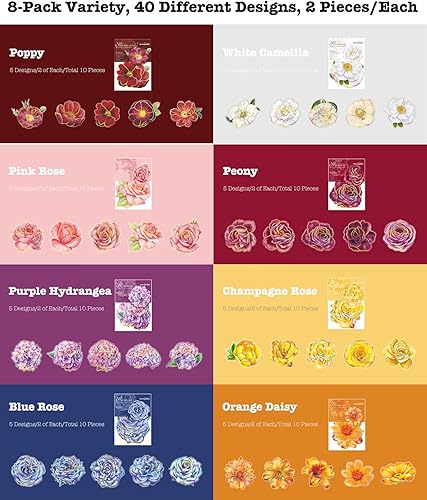 Miniatura 3 de Knaid 80 calcomanías de flores de gran tamaño con contornos holográficos dorados, calcomanías decorativas impermeables florales brillantes con
