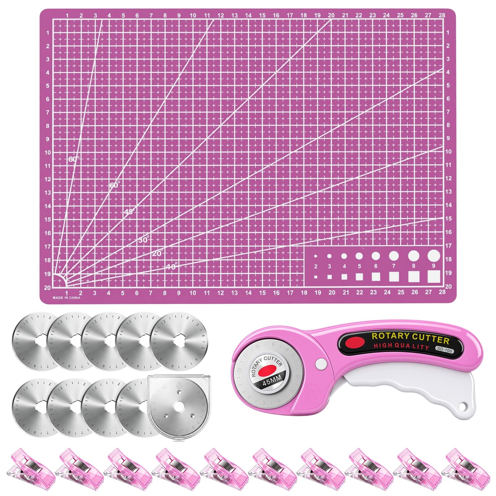 Annickee 23PCS Rotary Cutter Kit, 45mm Rotary Cutter for Fabric, Pink