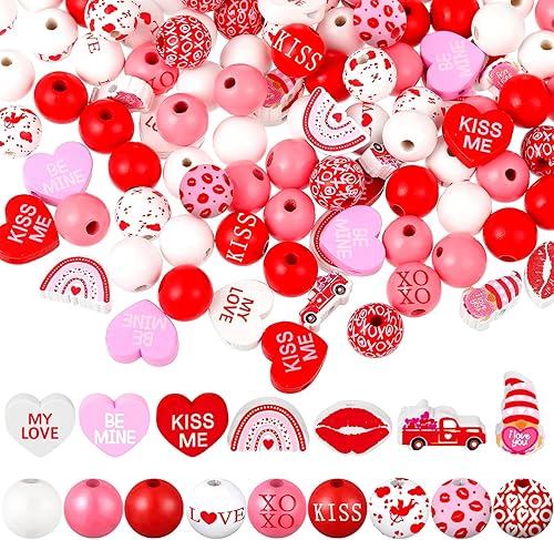 Ferraycle 190 cuentas de madera de San Valentín con cuerda de cáñamo, cuentas espaciadoras redondas de corazón rojo, rosa y blanco, cuentas