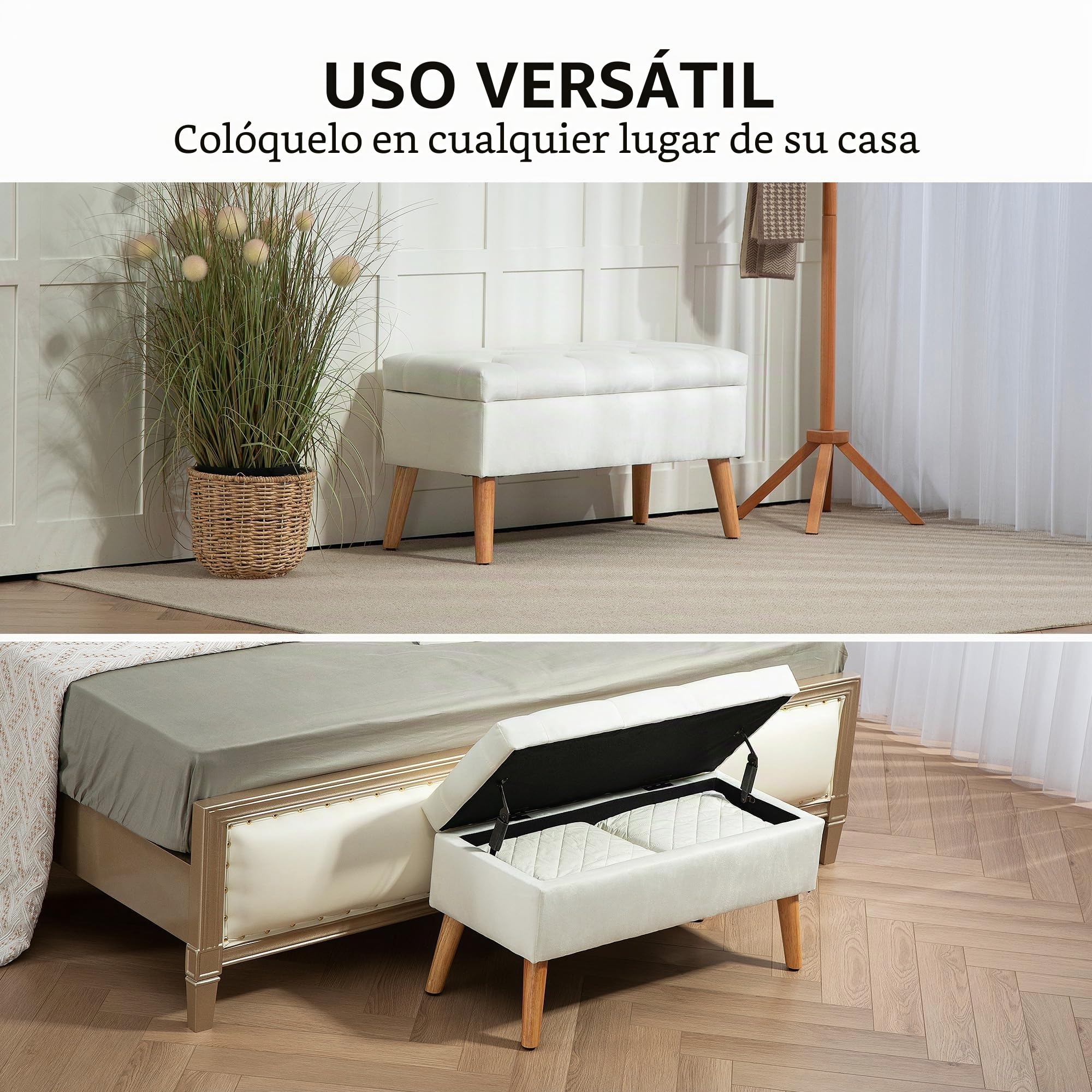 HOMCOM Banco de Almacenamiento con cojín y Tapa, 80x35x42 cm, Blanco | Banco de cama con aspecto terciopelo, para pasillo, dormitorio, salón, madera de caucho.