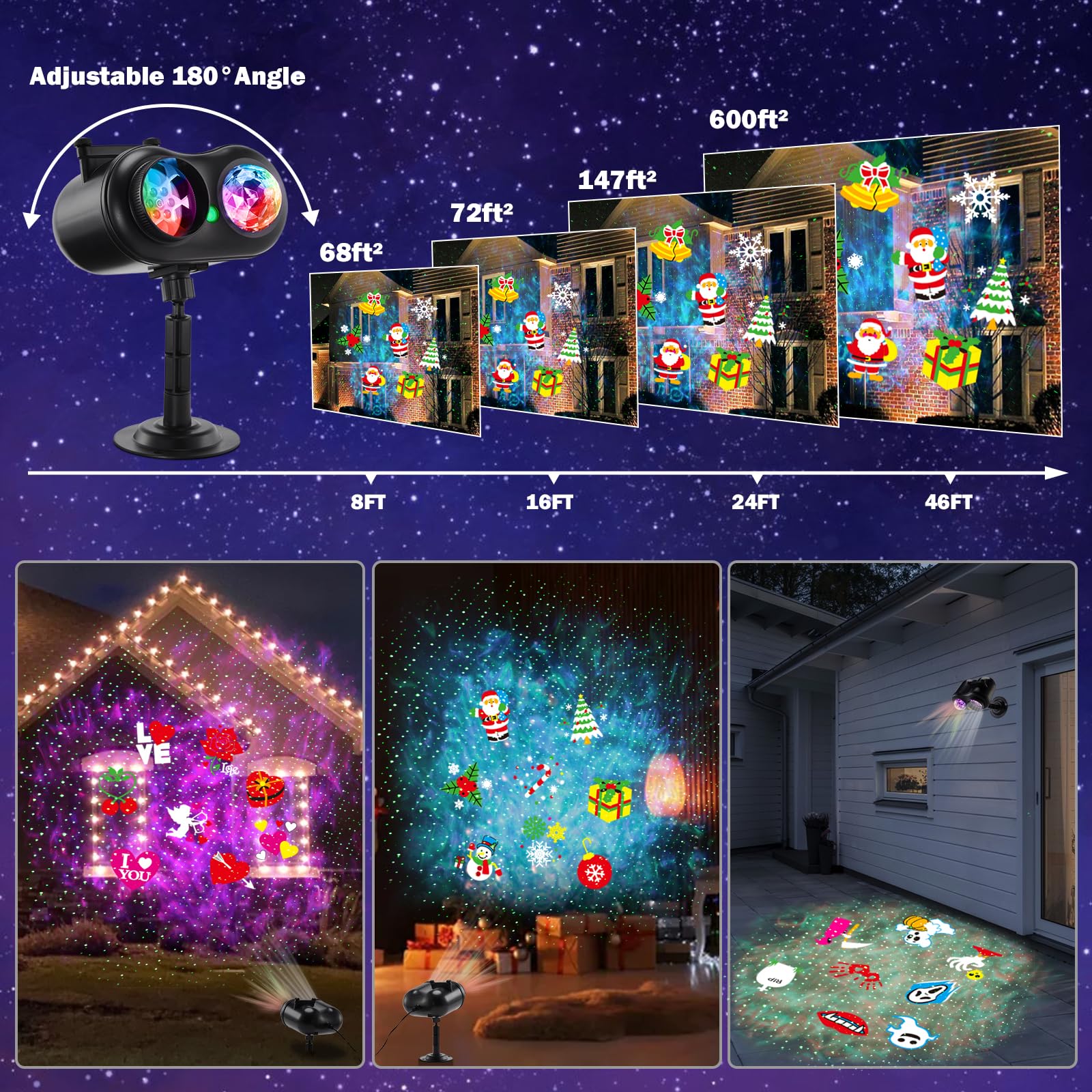HAKUTA Projecteur laser 3 en 1 pour Halloween, Noël, effet océan, avec 10 diapositives/80 motifs HD pour Noël, Nouvel An, anniversaire, Halloween, décoration de Thanksgiving
