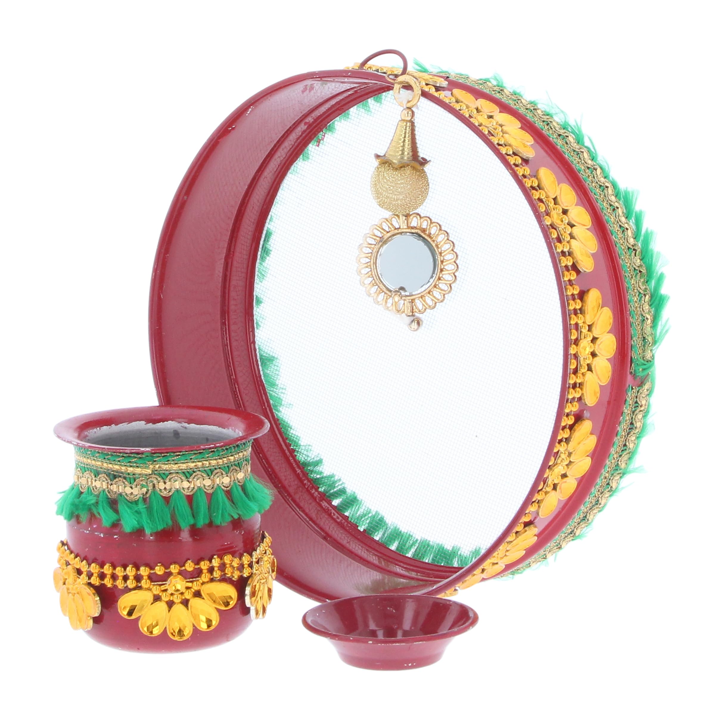 Karwa Chauth Set Karva Chauth Thali Indian Pooja Puja Kalash Lota Chalni Channi Diya Karwachauth Diwali Traditional Combo Multicolour Decorative Husband Wife Festival Gift (Chalni Set - Design 5)