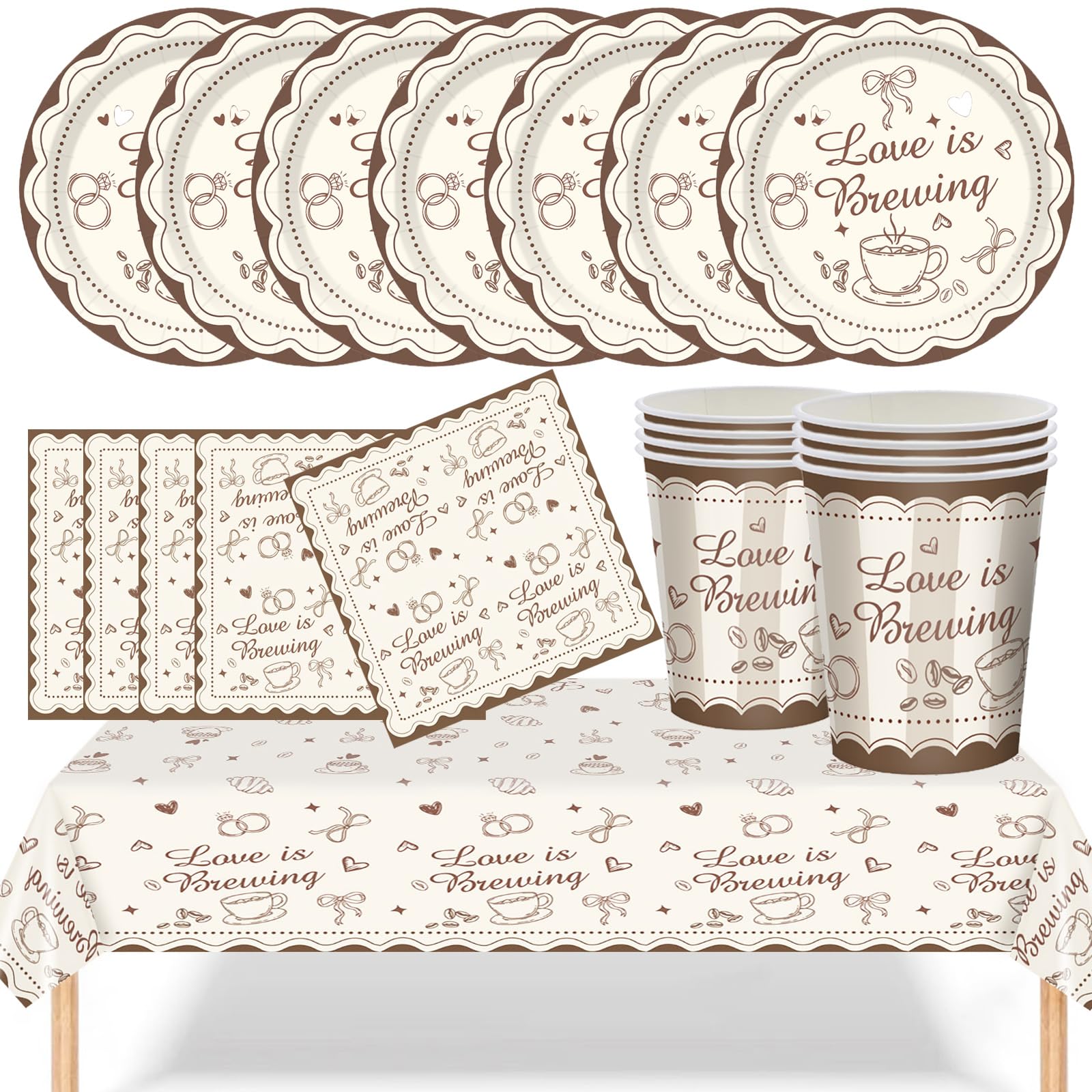 YESAH 53P Hen Party Tableware Set,Love is Brewing Paper Dinnerware Set with Plates Cups Napkins Reusable Tablecloth for Engagement Bridal Shower,Coffee Brown Arty Supplies for 16 Guests