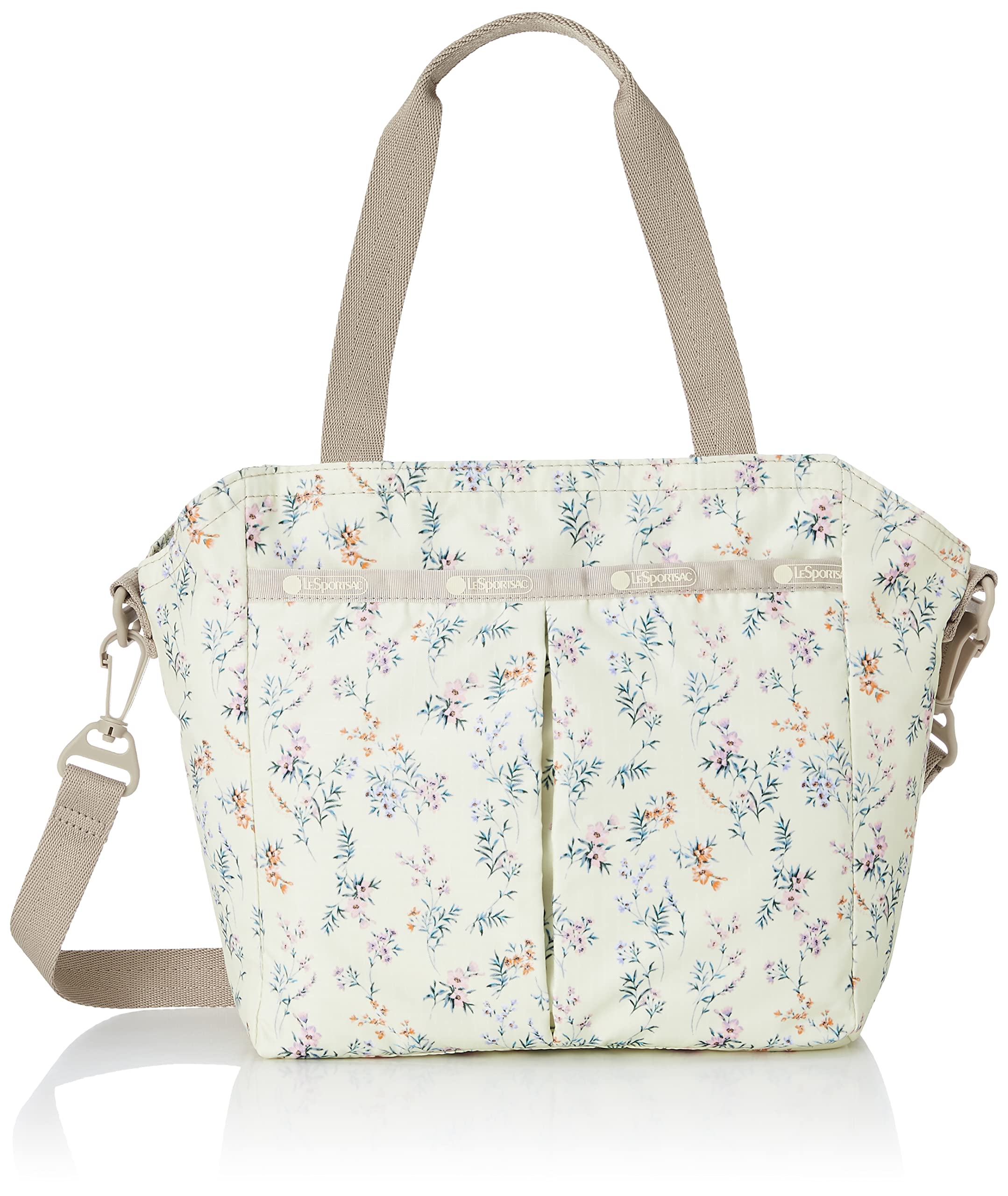 LeSportsacCheerful Blooms Small Ever Tote Handbag/Satchel & Convertible Crossbody + Top Handle Tote & Cosmetic Bag, Style 3801/Color E547, Romantic, Colorful Delicate Sprays of Wispy Flowers & Blooms