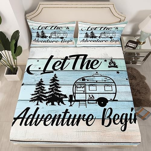 Sábanas bajeras de campamento para cámper, tamaño Queen, juego de ropa de cama a rayas coloridas con temática de aventura de oso bosque, sábanas de