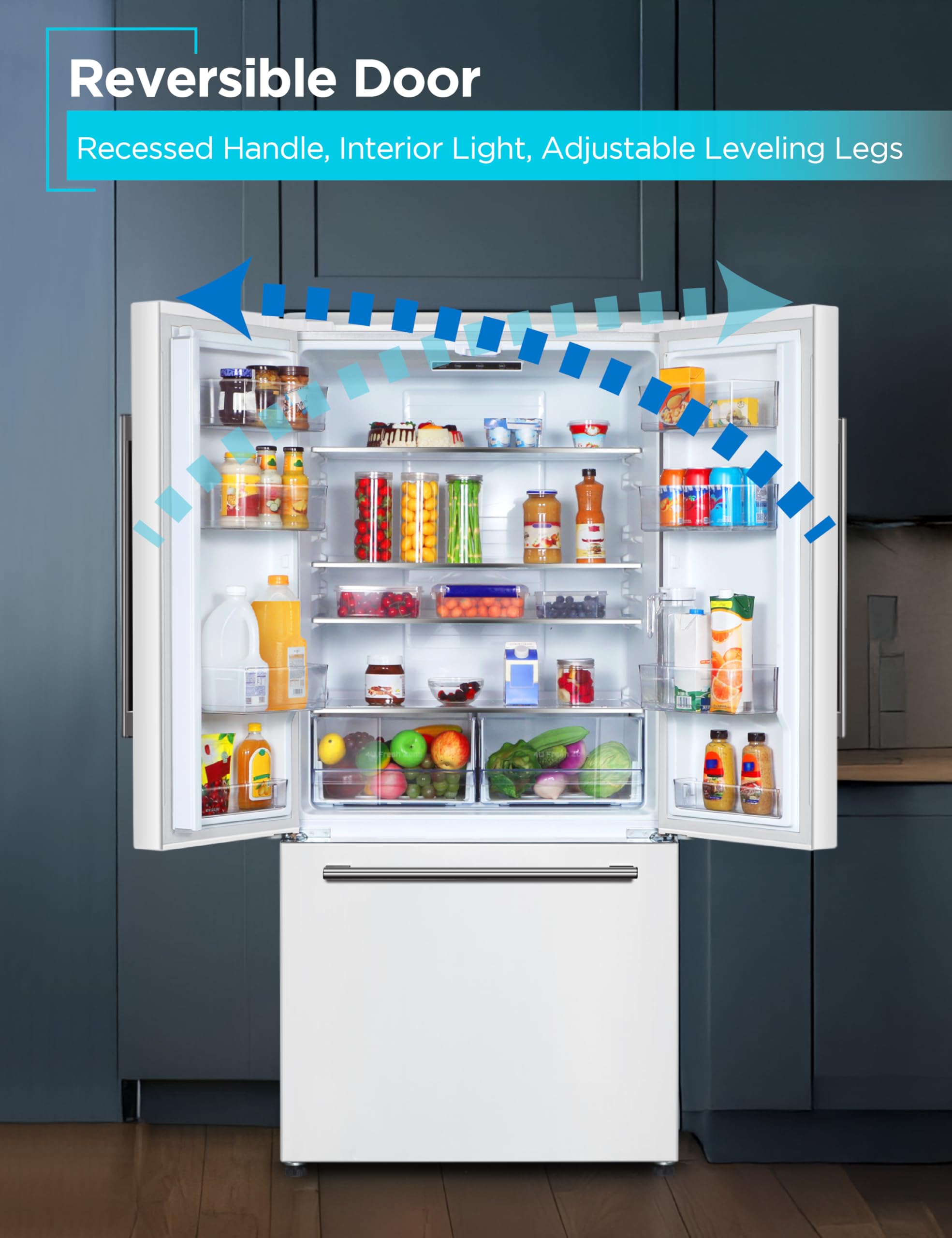 Black+Decker 18 Cu. Ft. French Door Refrigerator With Built-In Ice Maker, Full Size Refrigerator With Bottom Mount Freezer Drawer, Frost Free, Energy Star Certified, Brf1800gimw, White on Fridge.com - View 6