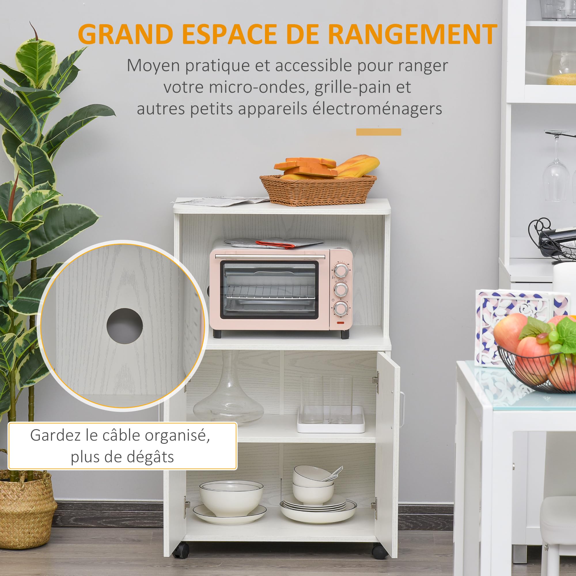 HOMCOM Mobile cucina, armadietto microonde, ruote bloccabili, bianco