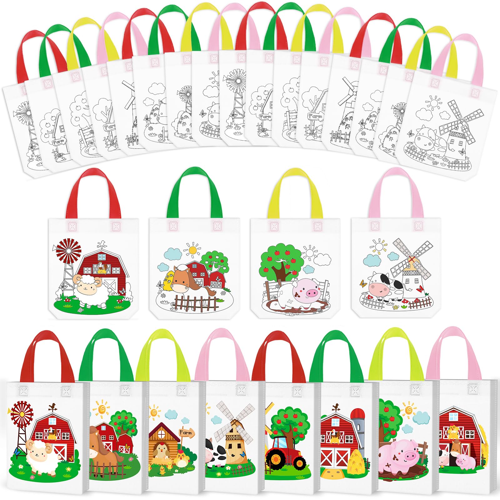Kajaia 24 Pcs Fall Coloring Tote Bags for Kids Non Woven Farm Party Favors Cute Animal Reusable Goodie Bags Both Side DIY Your Own Favor for