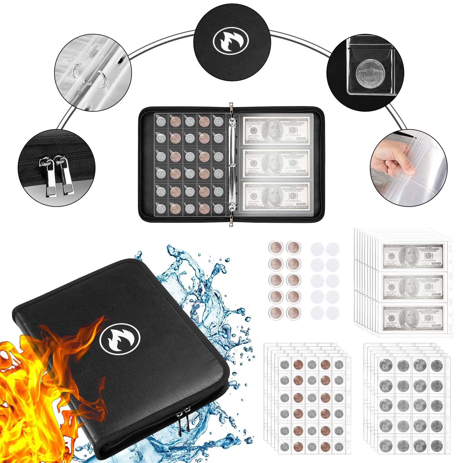 Coin Collection Book Holder for Collectors, 250 Fireproof Coin Album & 30 Penny Sleeves, Money Saving Binder for Coin, Bill, Currency and Stamp, Coin Capsules*10