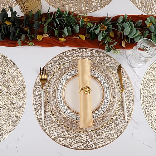 Miniatura 10 de Mabbcoo Juego de 6 manteles individuales redondos para mesa de comedor, manteles individuales metálicos prensados de vinilo para mesa huecos de