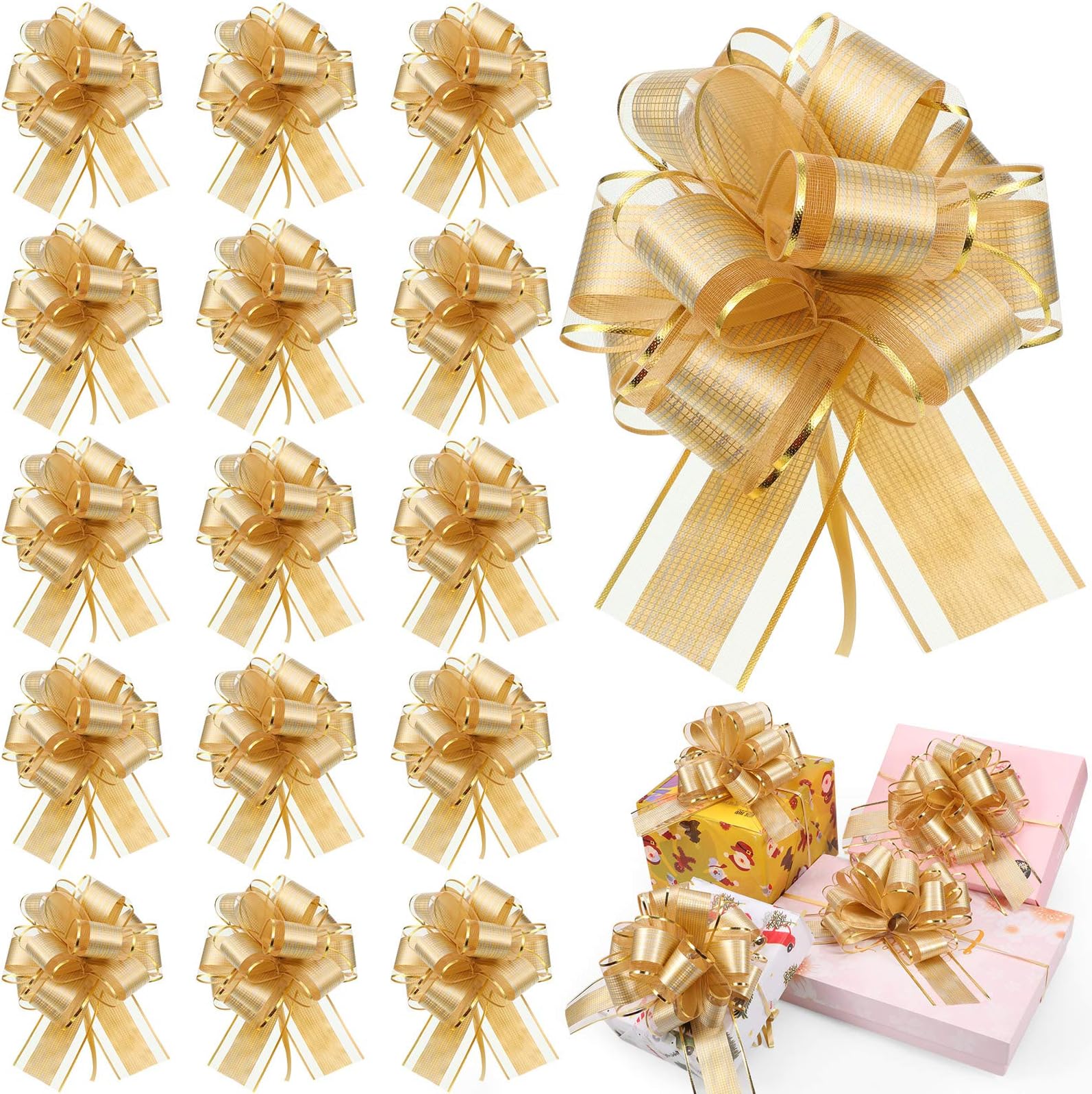 20 Pieces Pull Bow Gift Wrapping Pull Bow Ribbon Pull Bows for Christmas Wedding Baskets Valentine‘s Day Bows Multicolor Ribbon Bow for Gift Wrapping, 6 Inches Diameter (Gold)