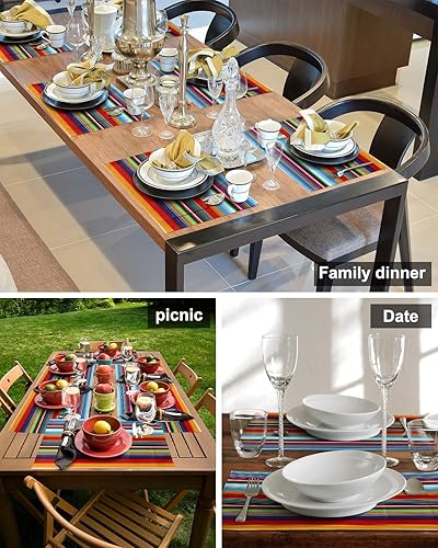 Miniatura 5 de Juego de 2 manteles individuales de mesa de rayas coloridas de México para mesa de comedor, manteles individuales de lino de algodón con bolsillo,