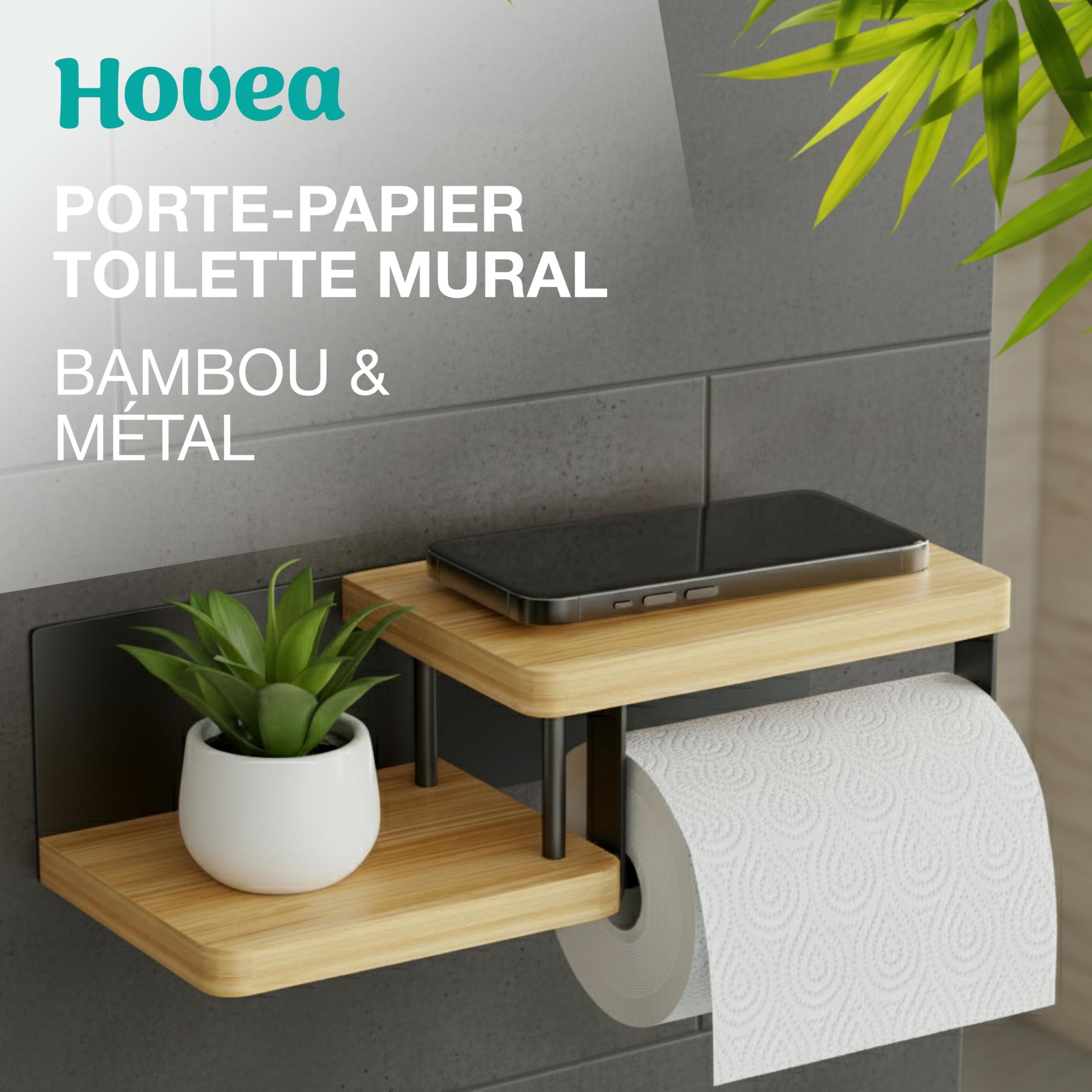Support Papier Toilette Mural - avec ou sans Perçage - Porte-Papier Toilette en Bois & Métal - Distributeur Rouleau Papier WC PQ - Noir & Bambou - PPT130