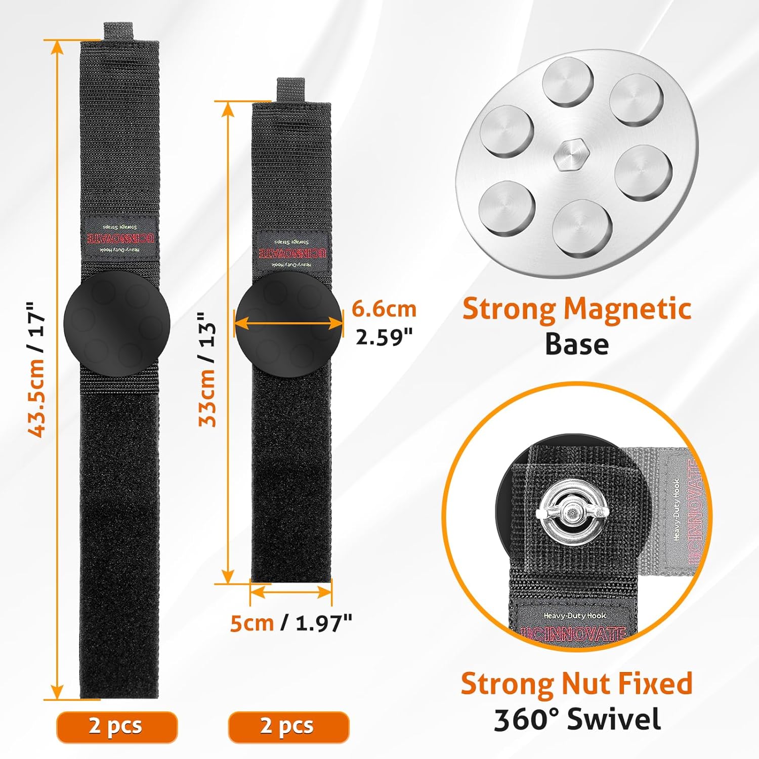 UCINNOVATE Heavy Duty Magnetic Hook Straps 4 Pack, 2.59INCH Magnetic Storage Hooks, Magnetic Tool Holder, Powerful Garage Storage Hook Ties, Extension Cord,Hose, Cable, Rope,Tools,Workshop,Pick-up