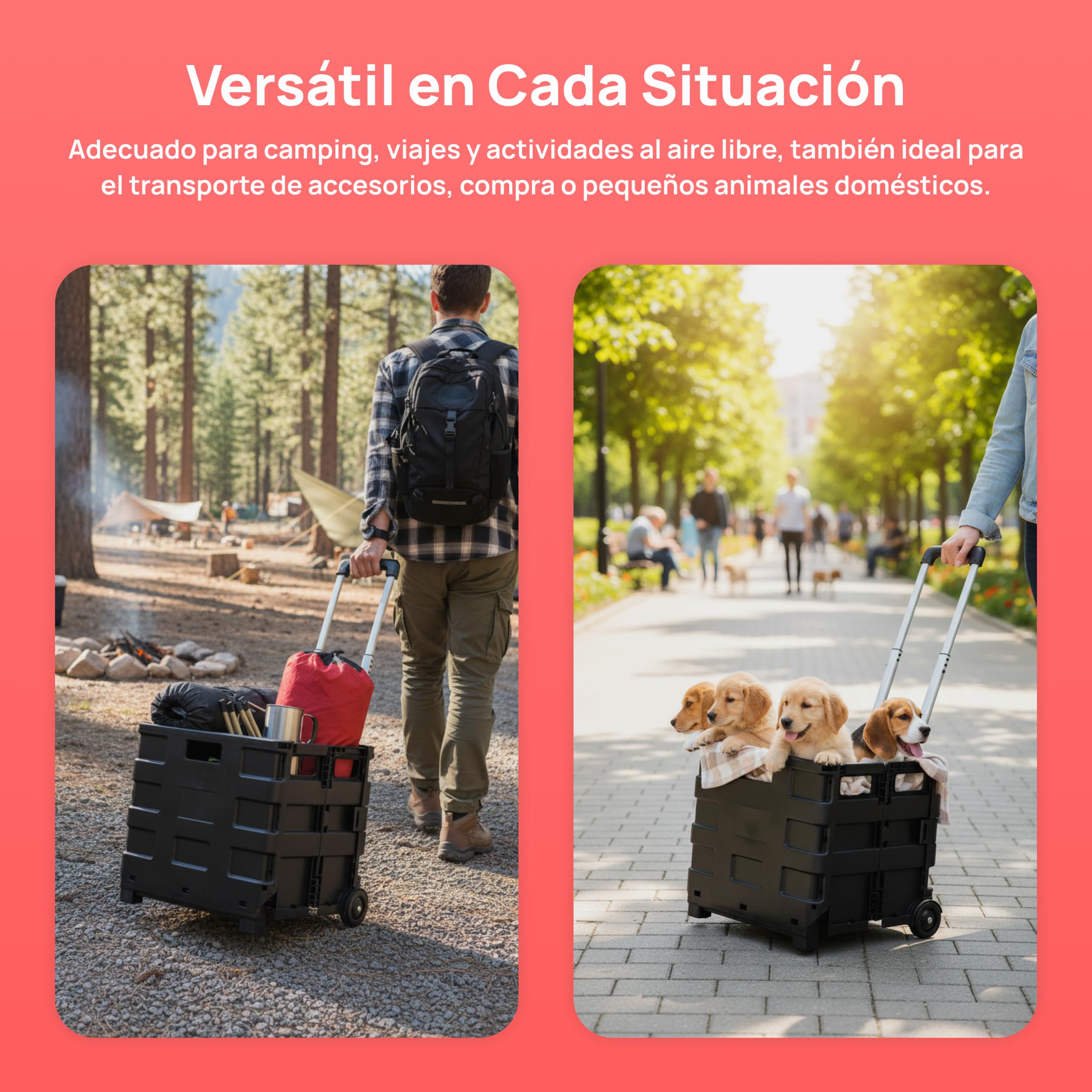 KOMBO - Carrito Trolley Plegable Multiuso con Ruedas y Mango Telescópico Extensible 38x83,5x33 cm – Caja Rígida de Plástico Plegable