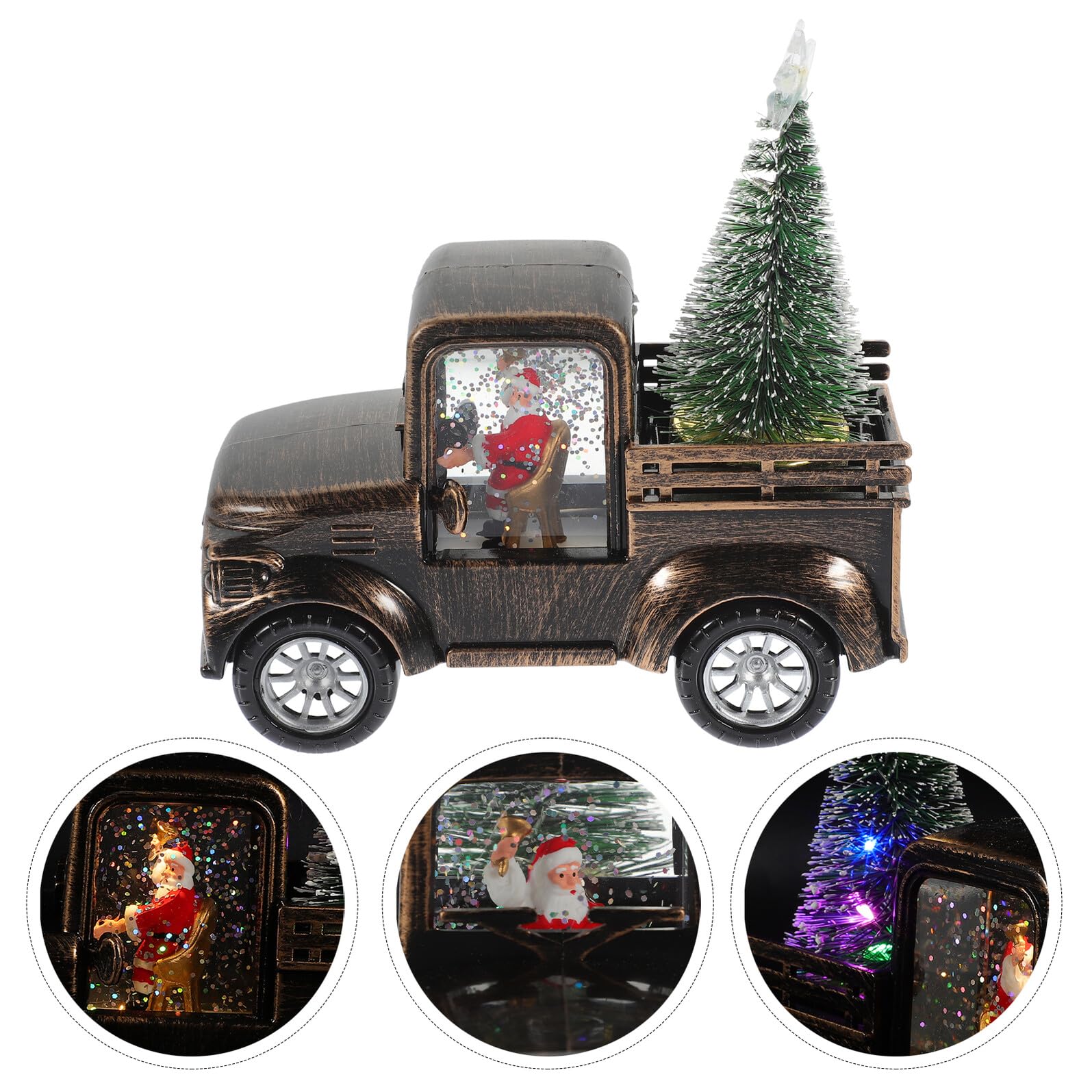 Figurita Santa Claus con Tractor Bronce y Luz LED Pilas Adorno Navideño Decorativo para Hogar Oficina y Escaparates Estatua Navideña Iluminada con Árbol de Navidad