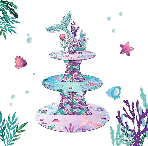 Soporte grande para cupcakes de sirena de 3 niveles, bandeja de cartón de 12 pulgadas para bodas, cumpleaños, baby shower, suministros de fiesta de