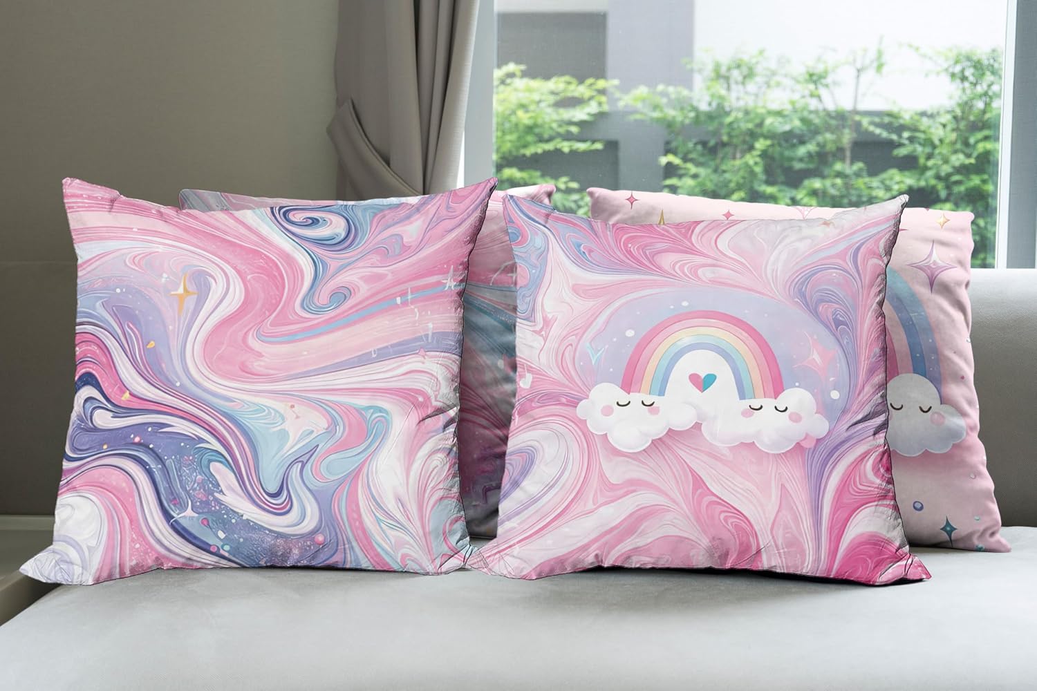 Ambesonne Rainbow Throw Pillow Cushion Cover Set of 4, Cartoon Design Kawaii Style Clouds Waving Marble Print Unicorn Stars, Decorative Accent Double-Sided Printing, 20", Pink Lilac and Ceil Blue