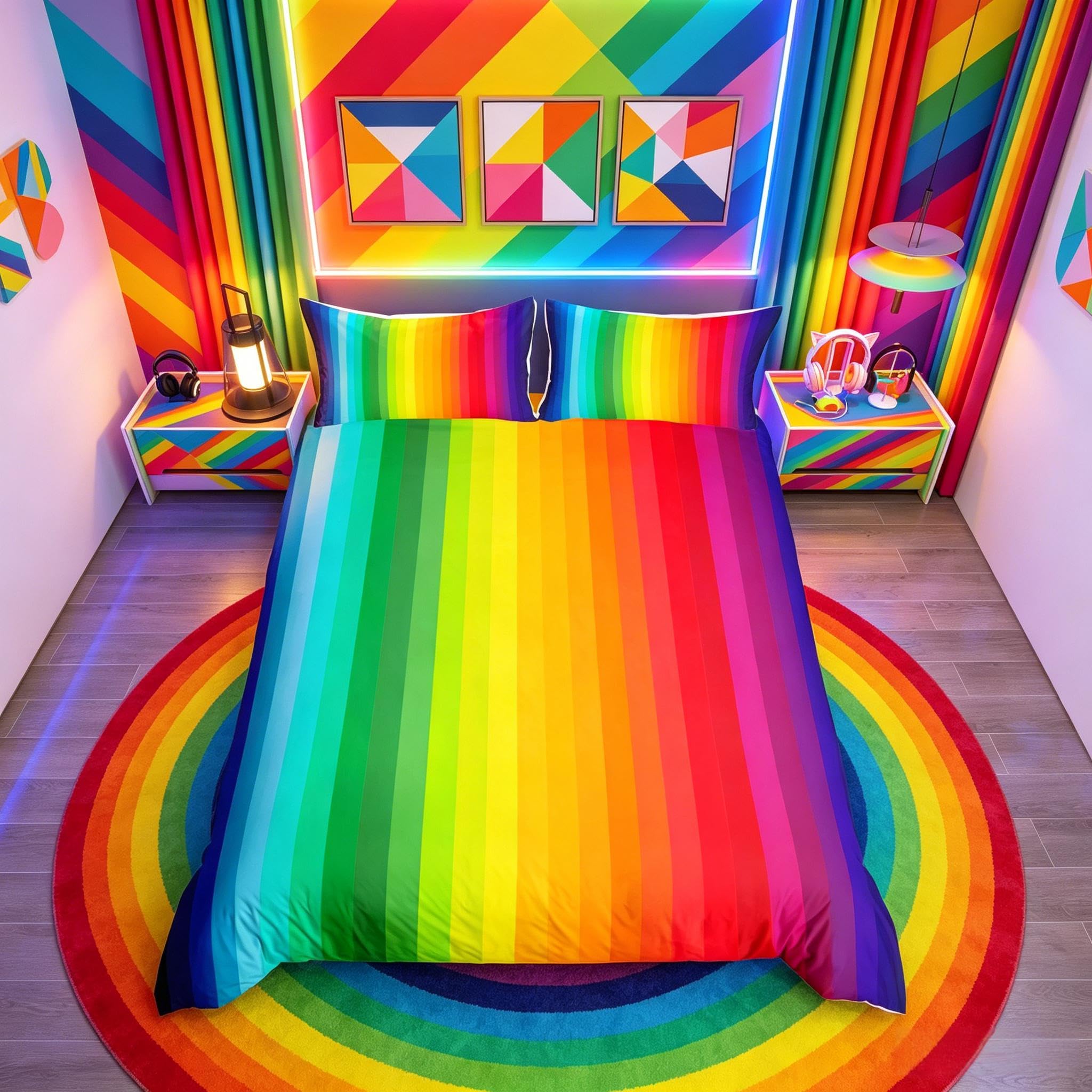 richhome Bedding Set Single Size Rainbow, Girly Stripes Palette Of Bright And Colorful Vertical Duvet Cover Set Lines Abstract Art Design, Comforter Cover Set Decoration 2 Pieces