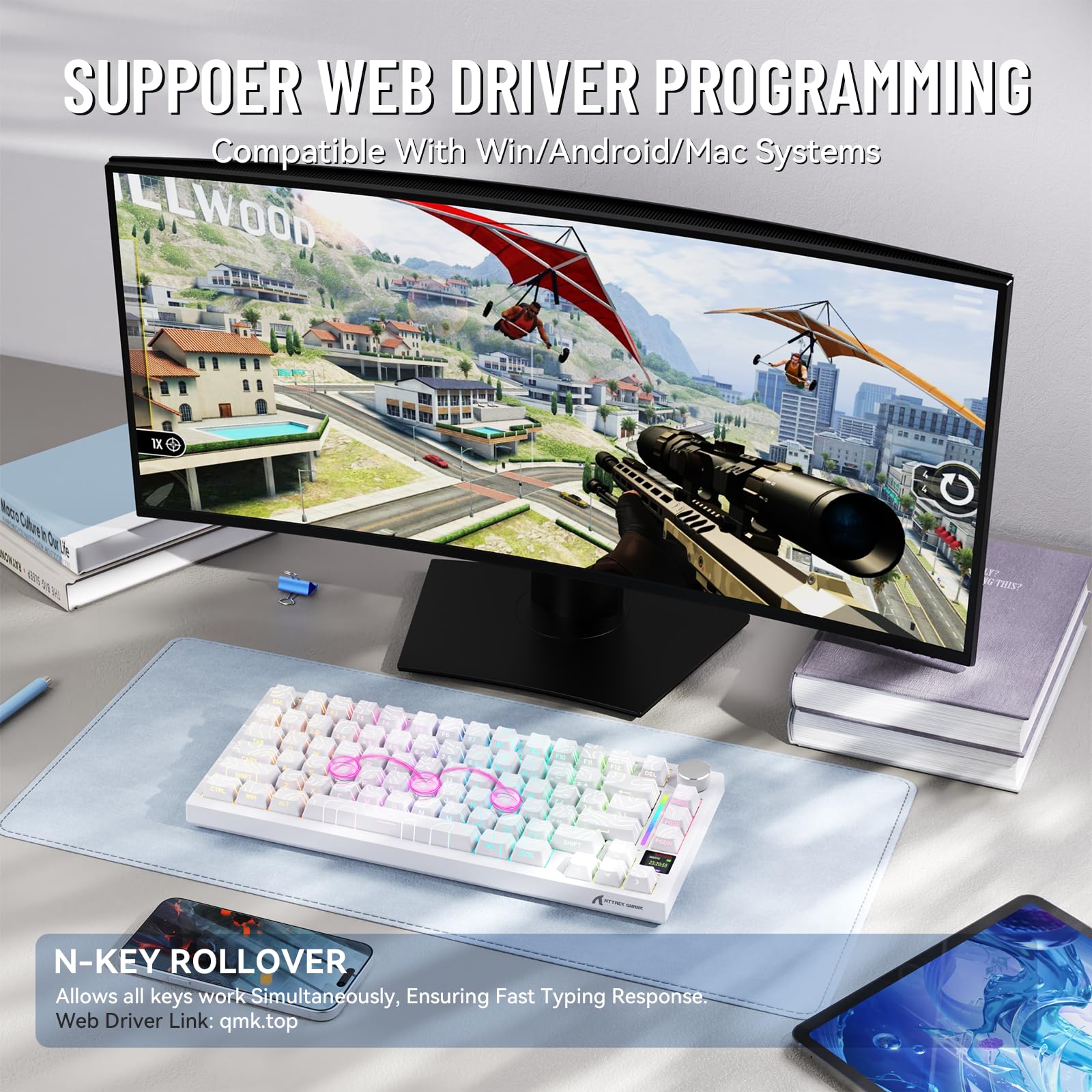 MAMBASNAKE Attack Shark X820 Ultra Teclado Mecánico Gaming con TFT Pantalla y Perilla, QWERTY 75% Gasket Hot-Swap, Inalámbrico 2.4G/BT/USB-C, LIGHTSYNC RGB Chroma, Coiled Cable - Shark Switch/Blanco