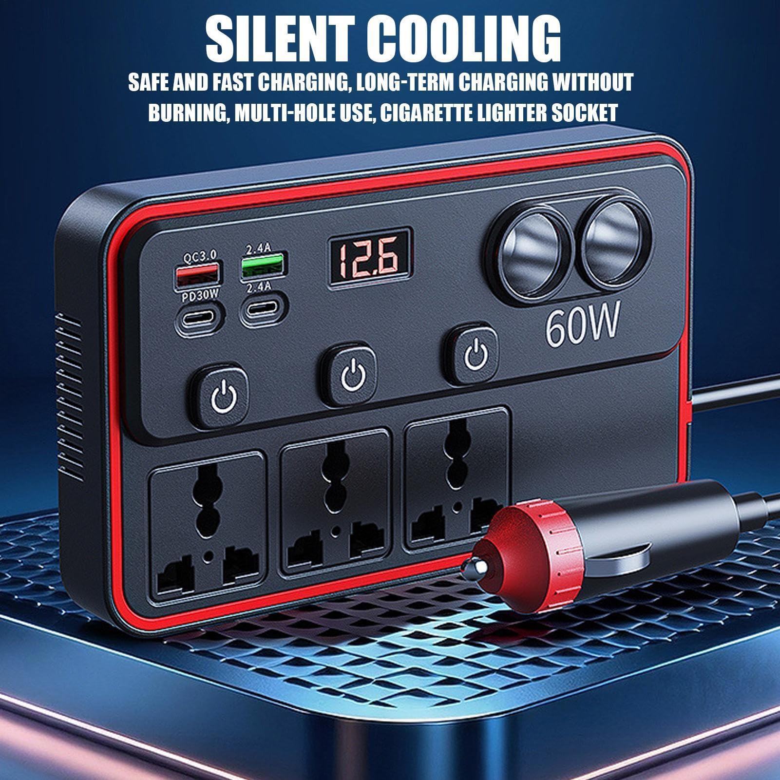 Inverter per Auto Adattatore con Ricarica Rapida | Alimentatore da Accendisigari per Camper SUV Veicoli Ricreativi Viaggi Campeggio Picnic Spostamenti