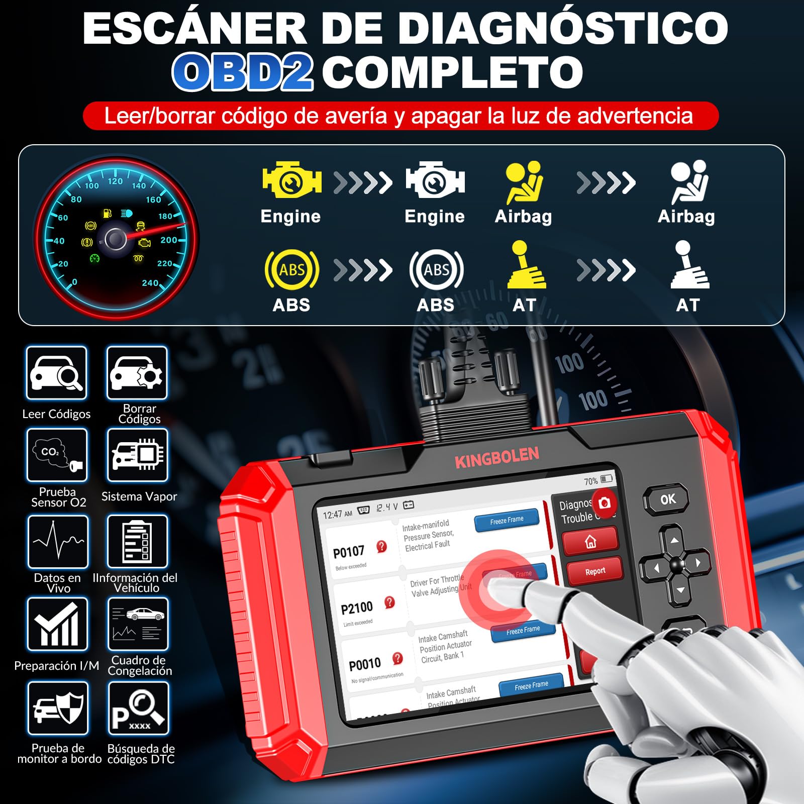 KINGBOLEN Diagnosis Coche Multimarca de 4 Sistema(ABS/SRS/ECM/TCM),S800 Maquina Diagnosis Coche con de 15 Funciones Especiales para Siempre, Obd2 Diagnosis Coche, Auto Vin