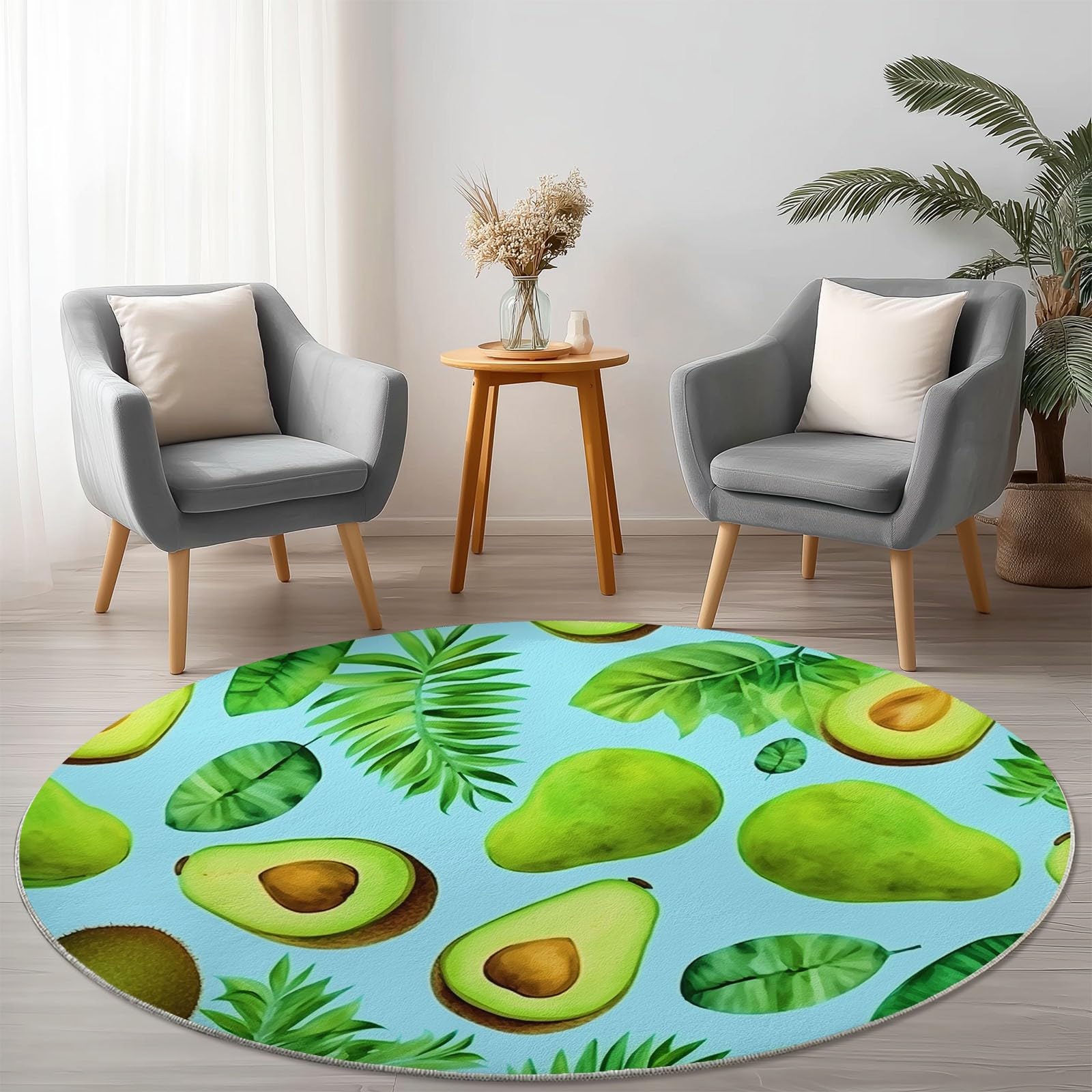 Zmywalny okrągły dywan, antypoślizgowy, 200 cm, okrągły dywan, krótkie włosie, do sypialni, miękki, ze sztucznej wełny, do pokoju dziecięcego, jadalni, zielony, awokado, aligator, gruszka