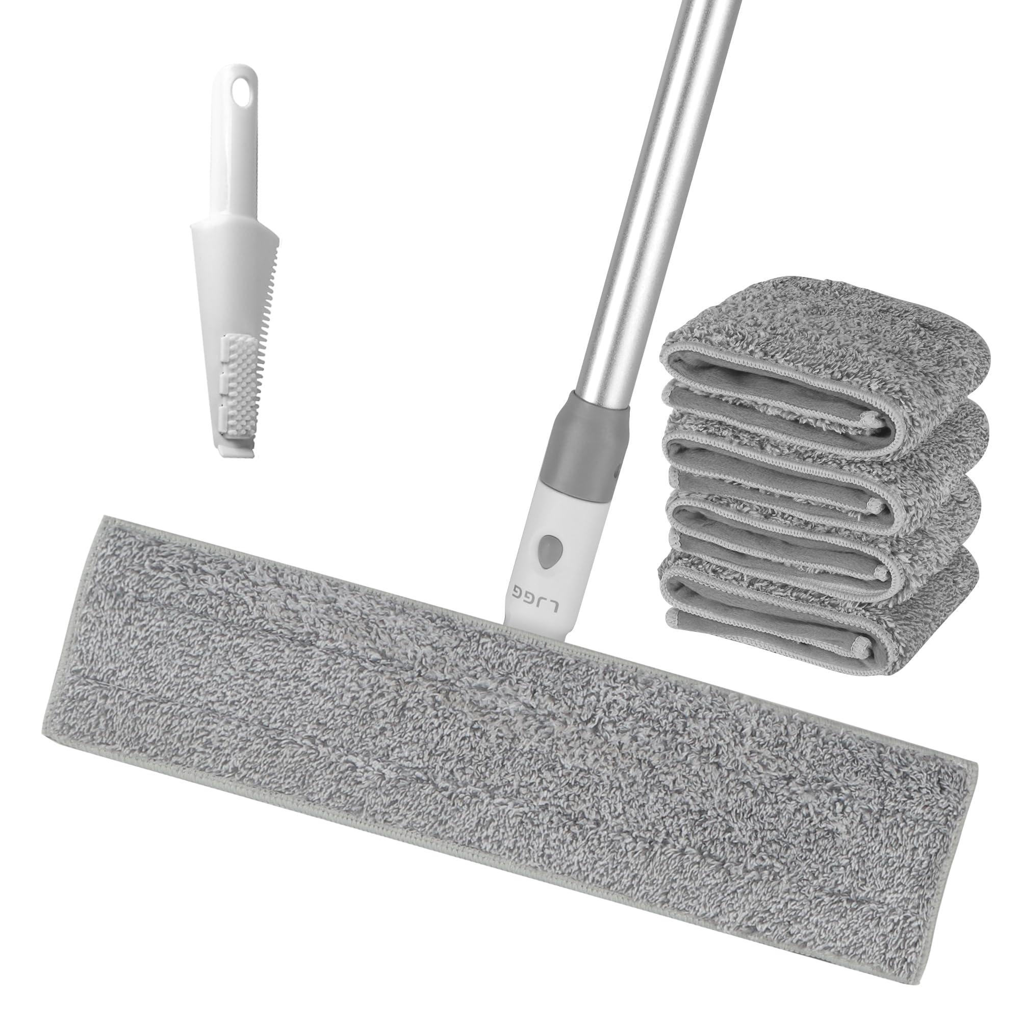 Mopa de microfibra de 15 pulgadas para limpieza de suelos de madera dura, fregona profesional comercial con 4 almohadillas reutilizables y mango de acero inoxidable para el hogar, oficina, hotel