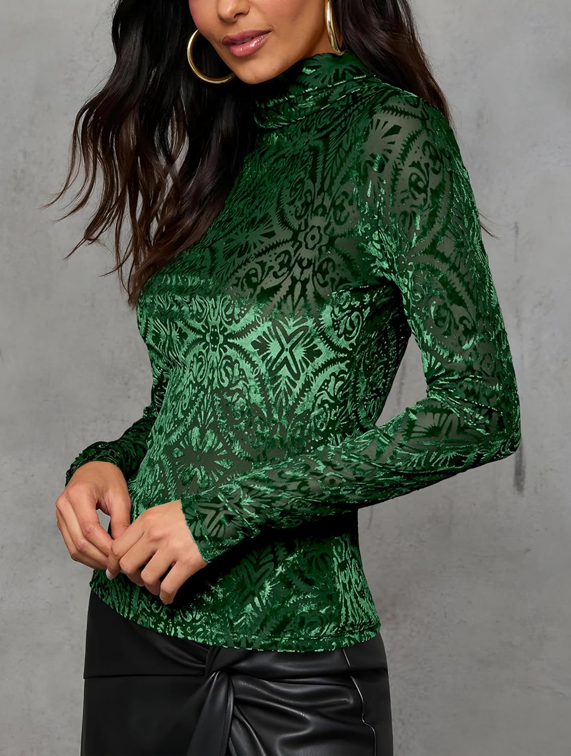 OMSJ Womens Velvet Burnout Tops Slim Fit Turtleneck Top Long Sleeve Semi See Through Elegant Shirts - Image 3