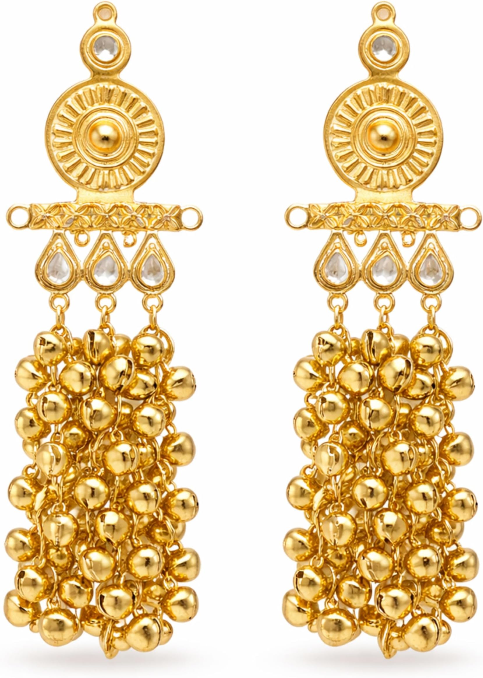 Traditional Gold Finish Statement Jhumka Drop Earrings with Dangling Beads | Traditional Kashmiri Athoor Long Earrings for Women & Girls