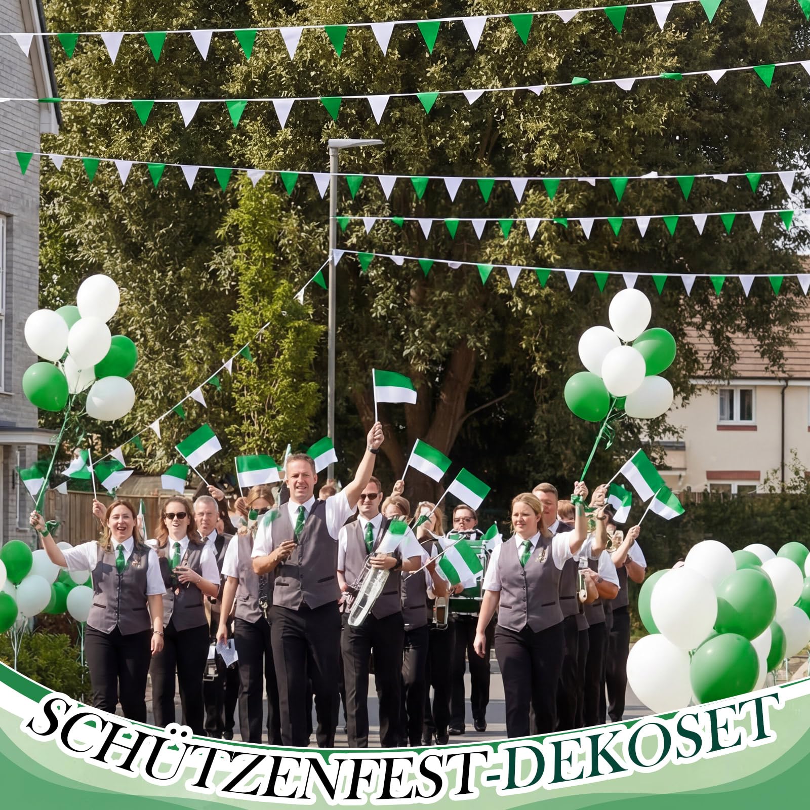 BBTO Schützenfest Dekoration Set 10 Meter Wimpelkette Grün Weiß 15 Stück Klein Schützenfest Flagge Reißfestem Polyester 30 Stück Ballon 2 Rollen Ballonband Wetterfest Deko für Outdoor