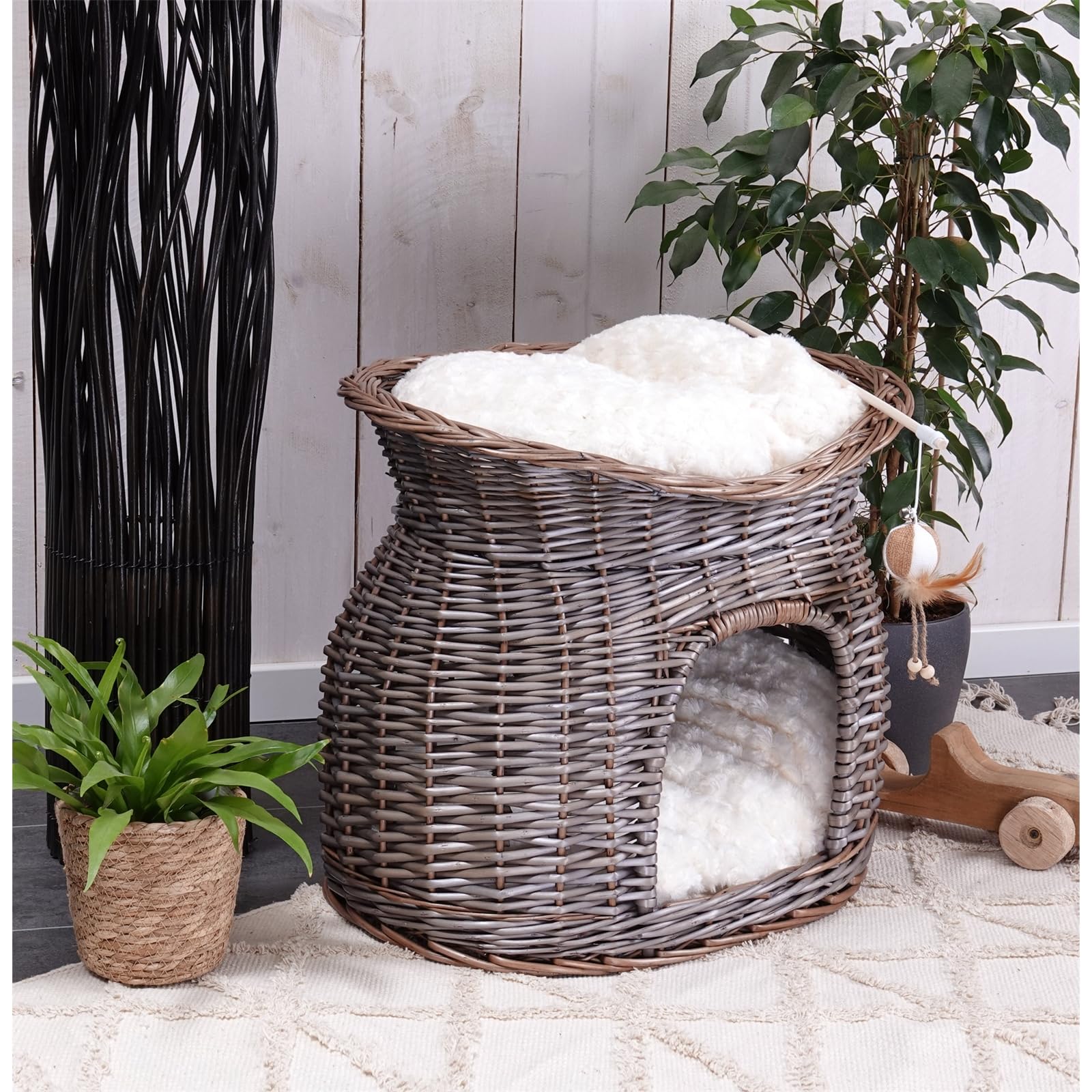 Katzen Korb Luna | 54cm, Weidenholz, mit Kissen | Katzen Weidenkorb, Katzenturm, Katzenbett Natur, geflochtenes Katzenhaus, Katzenhöhle