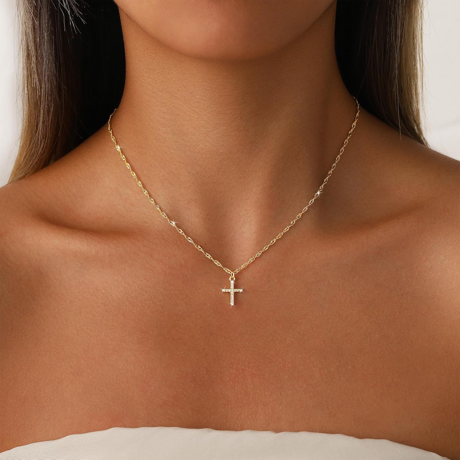 Gold Cross Necklace for Women Dainty 14K Gold Plated Diamond Cross Pendant Necklace Simple Charm Cross Necklaces Faith Trendy Jewelry Gifts - Image 2