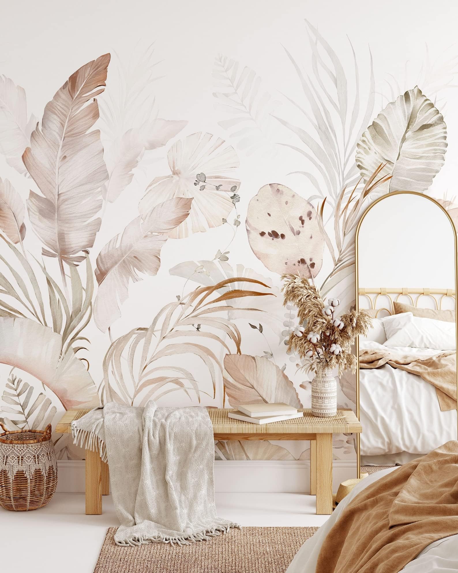 Beige Tropical Wallpaper | Removable Self Adhesive Watercolor Wallpaper | Tropical Peel and Stick Wallpaper (1 roll 24" W x 96" H)