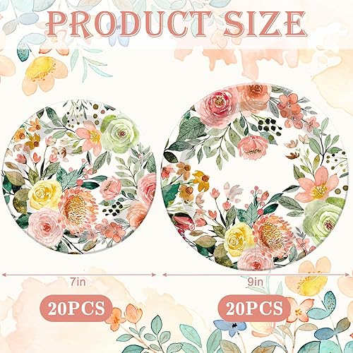 Miniatura 2 de AnyDesign - 40 platos de papel floral acuarela rosa flor vegetación platos desechables platos decorativos para primavera, boda, cumpleaños, baby