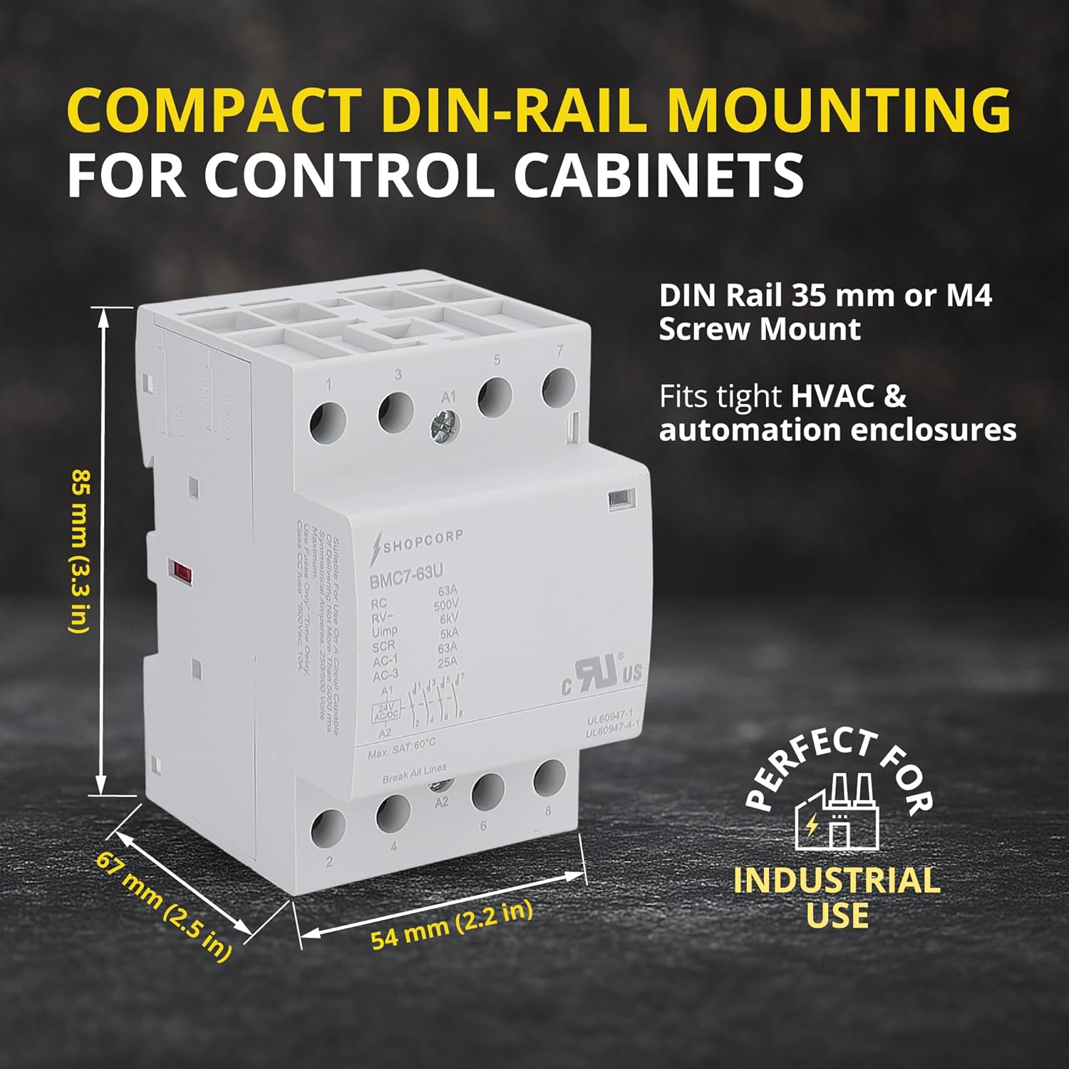 UL Listed 4 Pole Contactor 24V Coil Normally Open (NO) 63 Amp AC/DC IEC 400V, Compact Silent DIN Rail Mount Contactor for Lighting and Motor Control