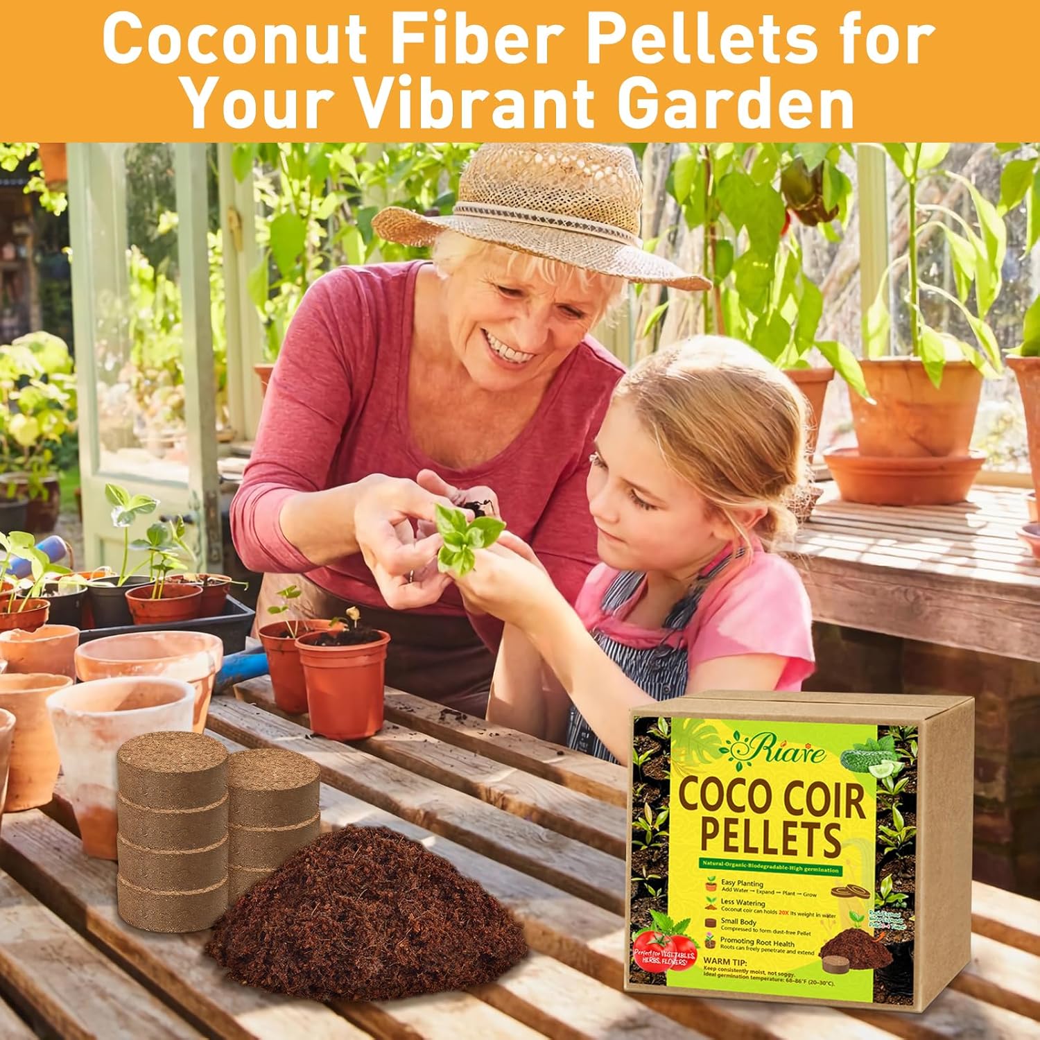 Riare 200 Pcs 30mm Organic Coco Coir Seed Starter Soil, Compressed Coconut Coir Potting Soil Mix for Seed Starting, Coconut Fiber Pellet for Planting Indoor & Outdoor Plants, Vegetables, Garden
