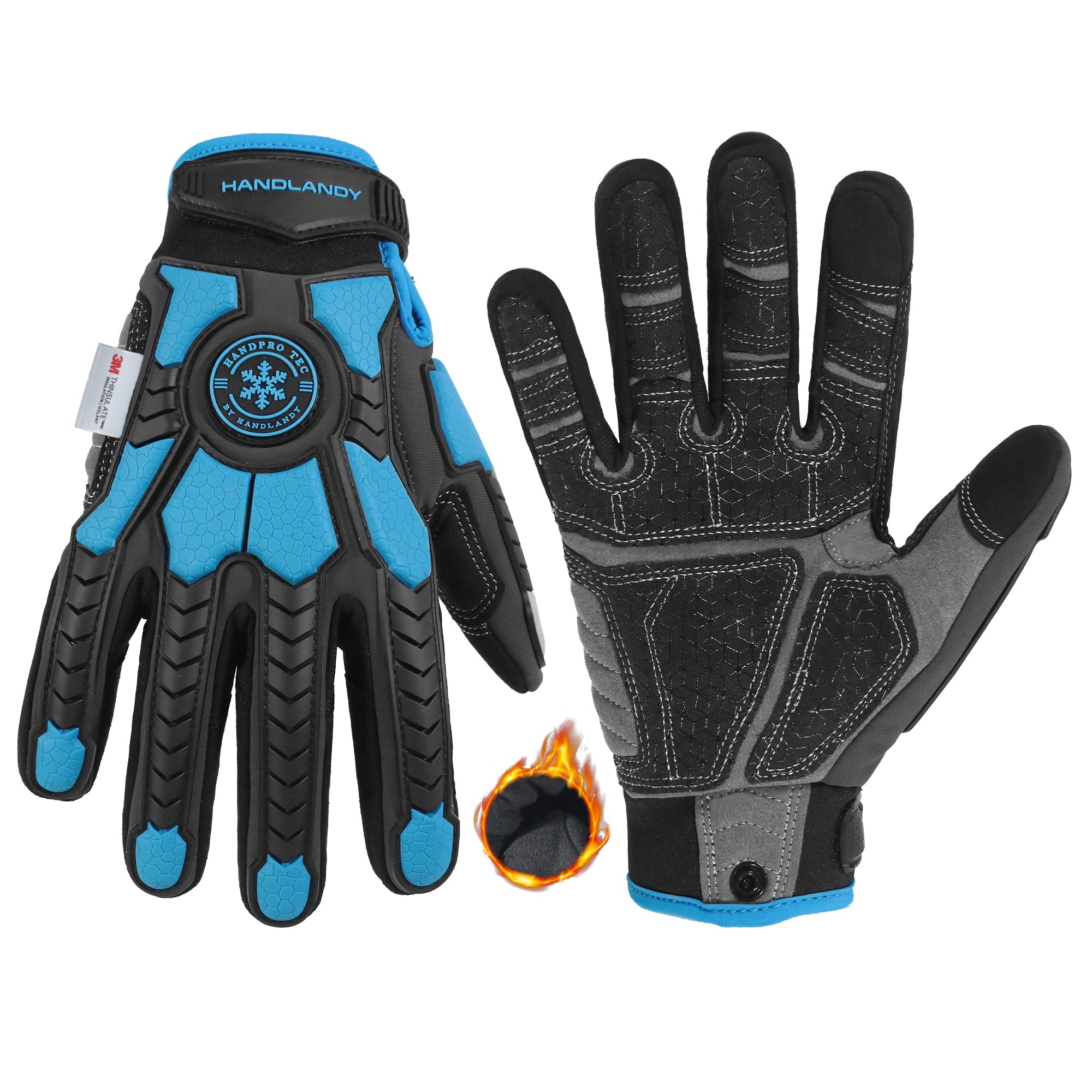 HANDLANDY Winter Water Resistant Work Gloves for Men, Padded Thermal Insulated Heavy Duty Impact Glove for Cold Weather (Blue-Insulated, XL)