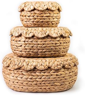 Set of 3 Wicker Storage Baskets with Lid - Decorative Handwoven Rattan B...