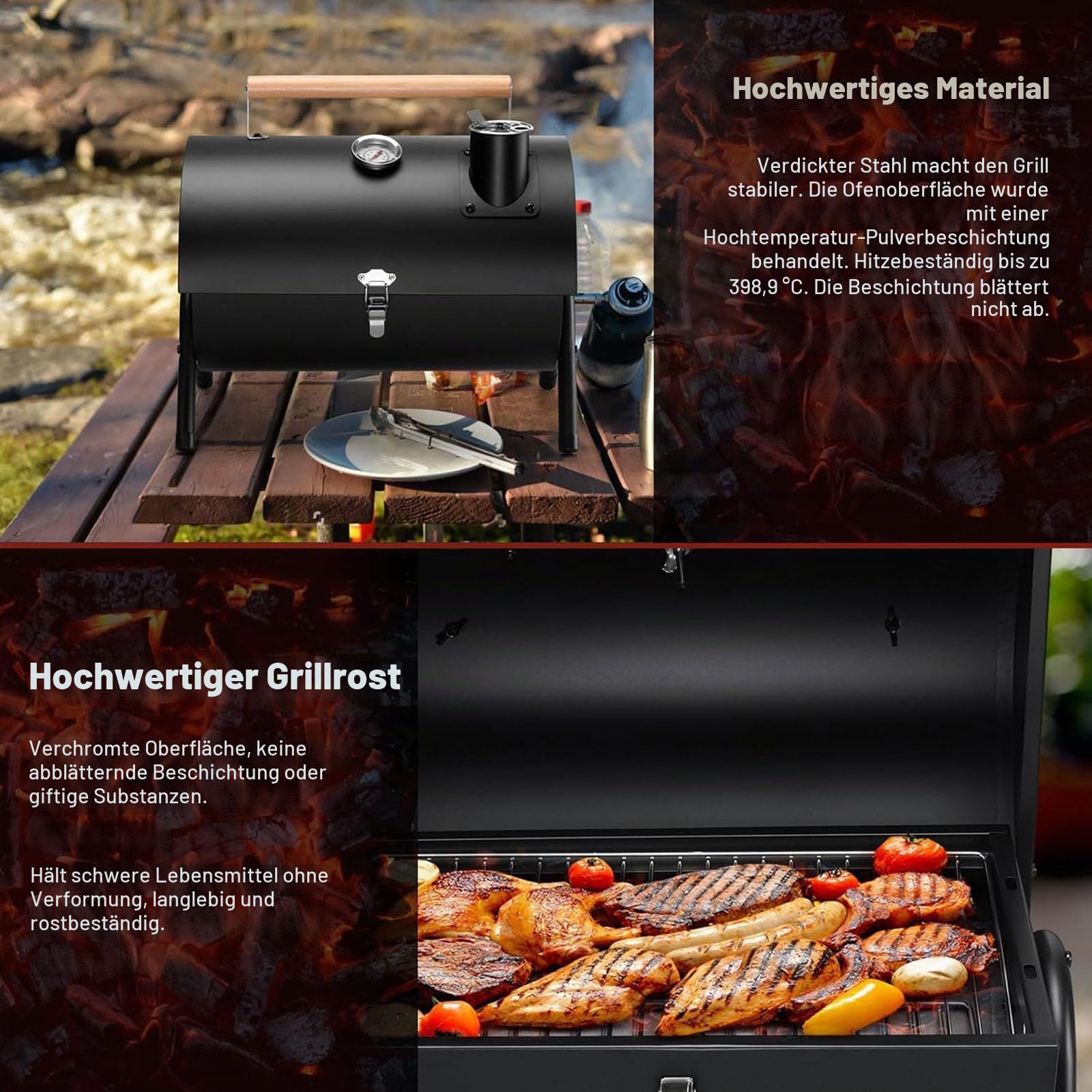 Tragbarer Holzkohlegrill mit Deckel und Thermometer, Tischgrill | Kompakter Tischgrill für 1-3 Personen mit 34 × 22 cm Grillfläche, 0–350 °C Thermometer und Luftregulierung