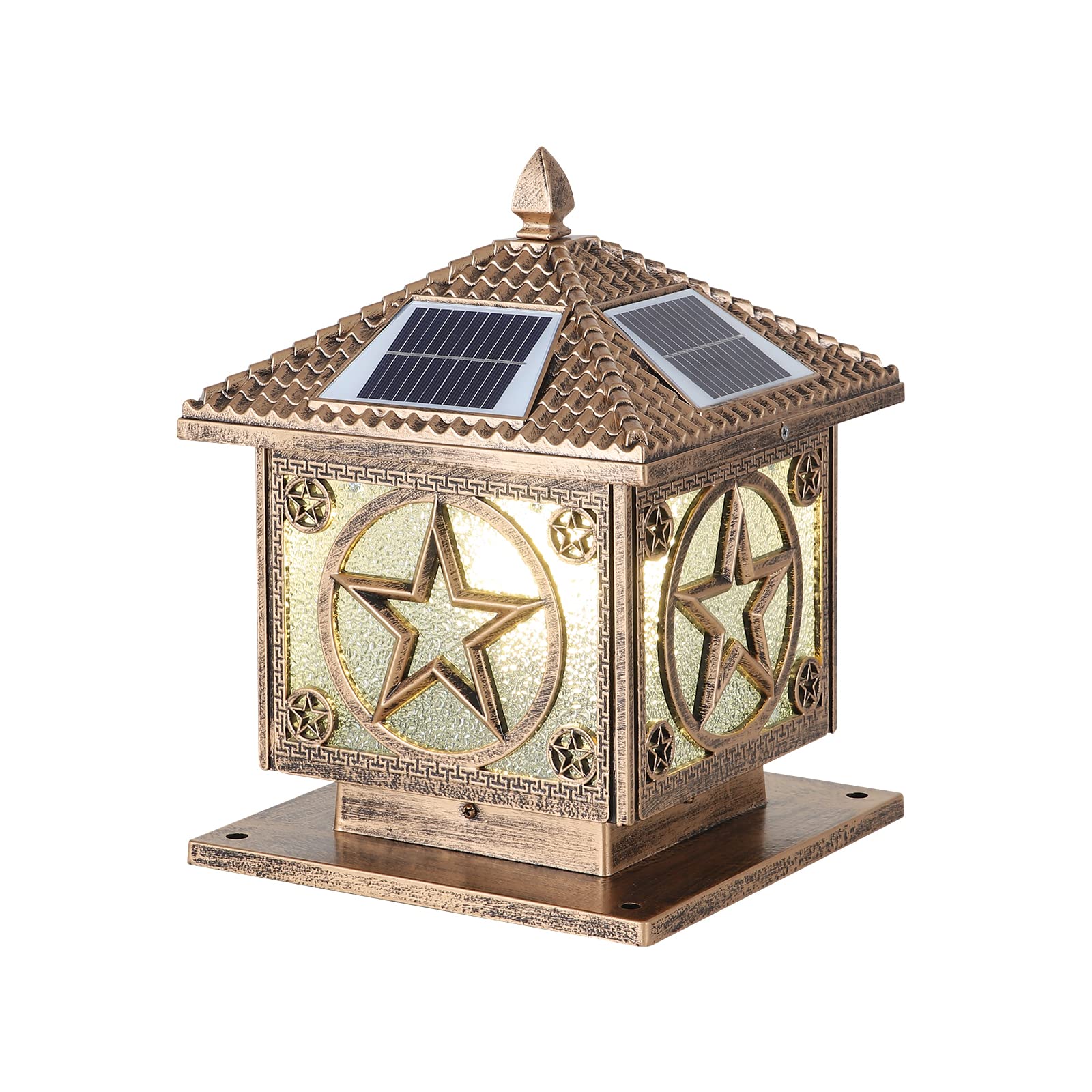 Outdoor Solar Post Light Waterproof Pillar Lamp Chinese Aluminum Column Lamp with Glass Lampshade LED Fence Outer Stigma Lamp Courtyard Gate Landscape Lamp