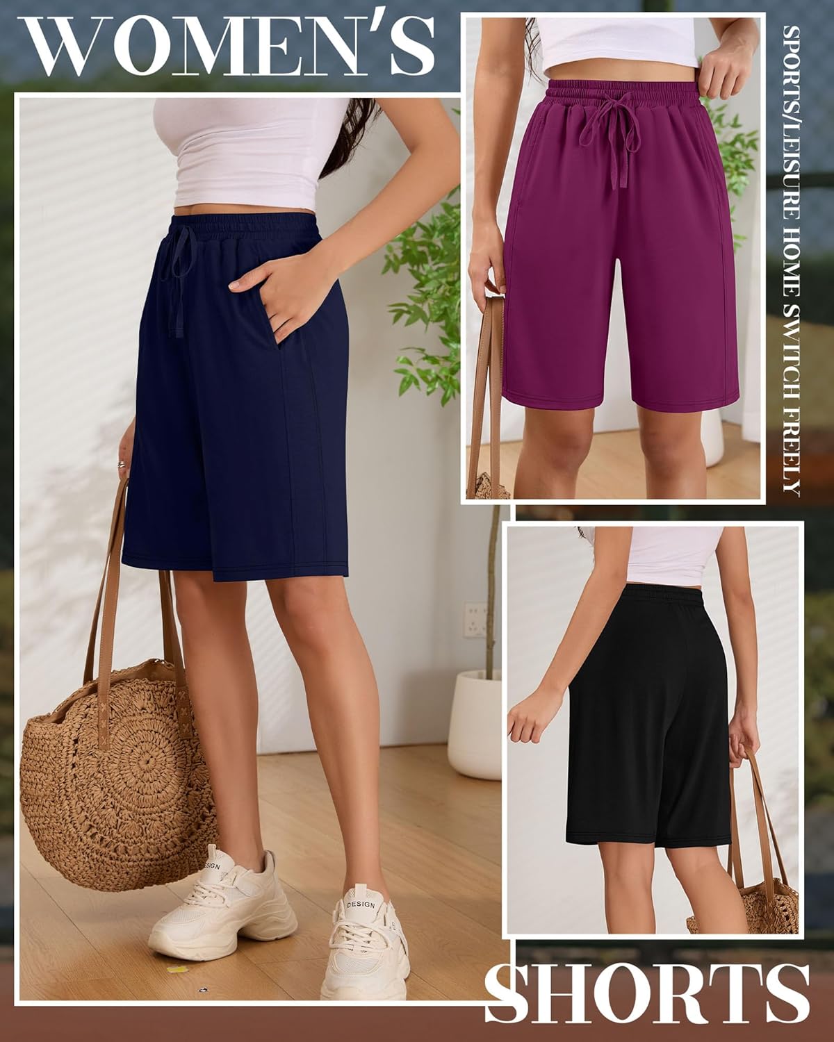 3 Pack Women's Bermuda Shorts Summer Drawstring Elastic Waisted Comfy Casual Sweat Long Shorts - Image 5