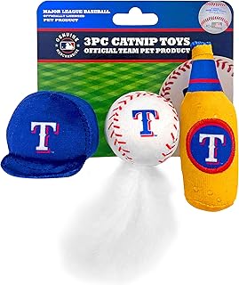 BEST PLUSH CAT TOY: MLB TEXAS RANGERS Complete Set of 3 piece Cat Toys filled with Fresh Catnip. Includes: 1 Baseball Cap Cat Toy, 1 Baseball Cat Toy with Feathers & 1 Beer Bottle. Beautiful Team LOGO