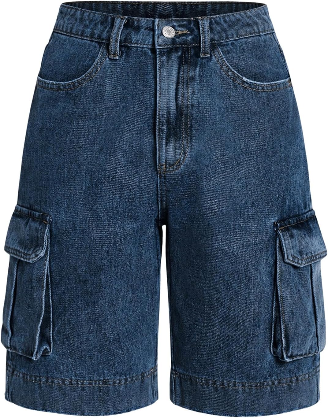 Women's Solid High Waist Straight Leg Jean Zipper Button Denim Shorts Cargo Bermuda Shorts with Pocket 32 Medium Wash