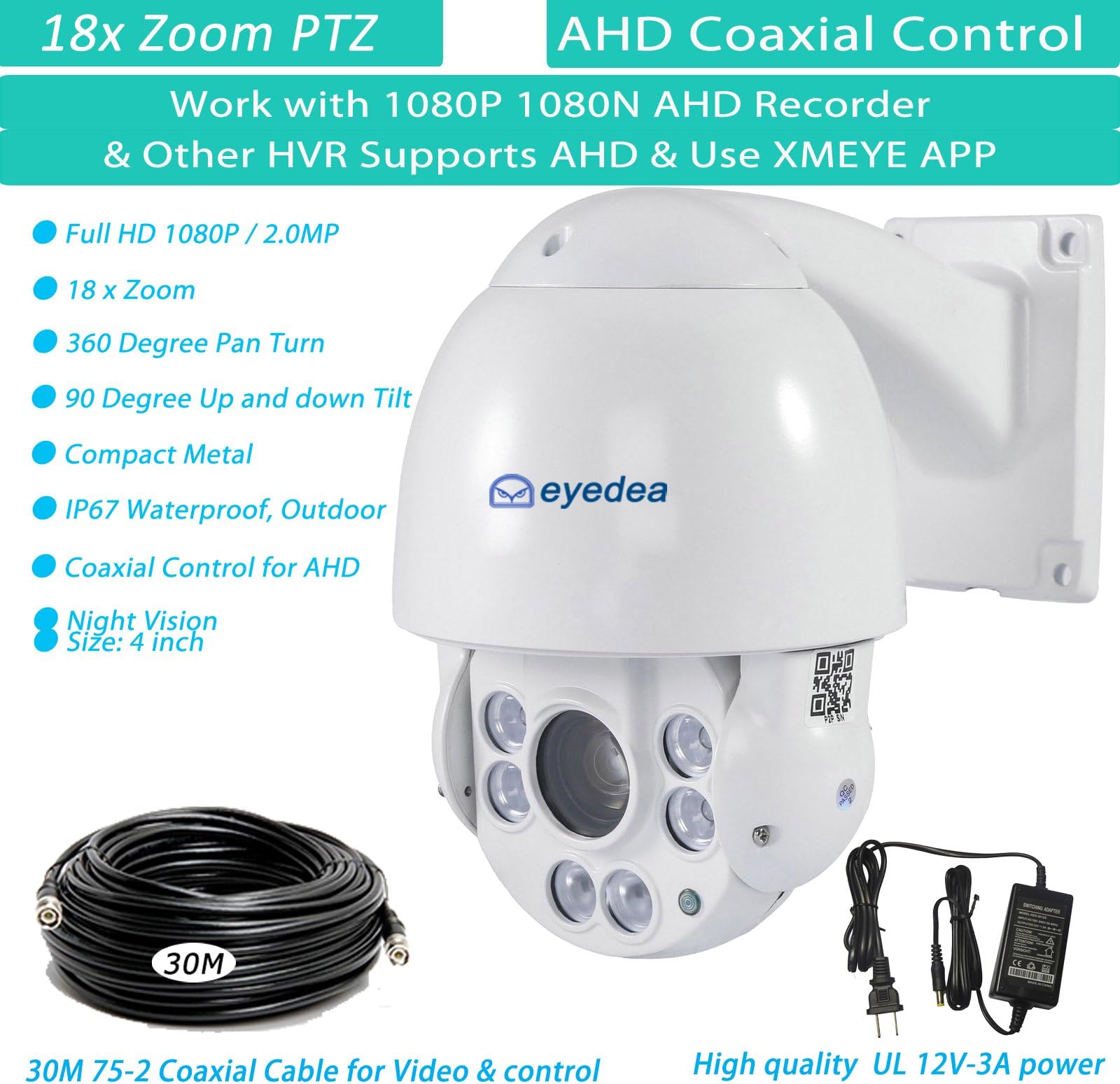 Eyedea 1080P 18 x AHD Outdoor Smart PTZ Speed Dome Pan Tilt Zoom 2.0MP Camera IR Infrared Night Vision Remote RS485 Coaxial Control 5500TVL w/ 30 M Meters 75-2 Coaxial Cable Wire for AHD Recorder