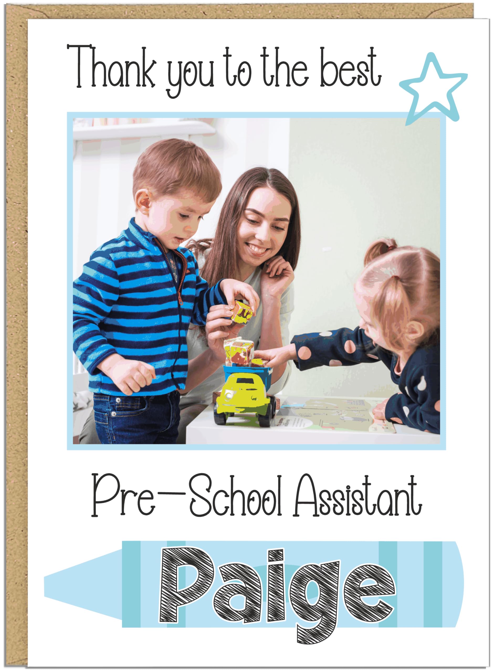 Personalised Photo Thank You Nursery Teacher Card - Own Name - Custom Text Under Photo - 8 Colour Options - For Pre-School Nursery Appreciation Cards For Nursery Staff Keyworkers Helpers, Blue