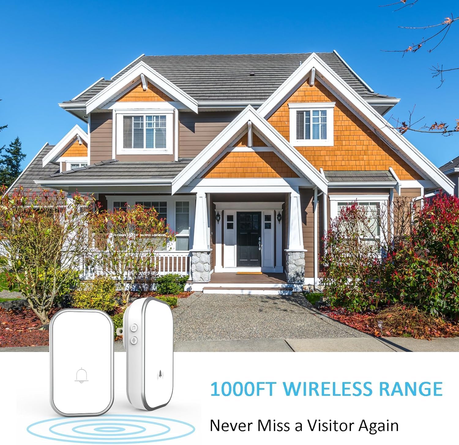 Illustration of MaximalPower Wireless Doorbell's 1000ft wireless range for a large house.