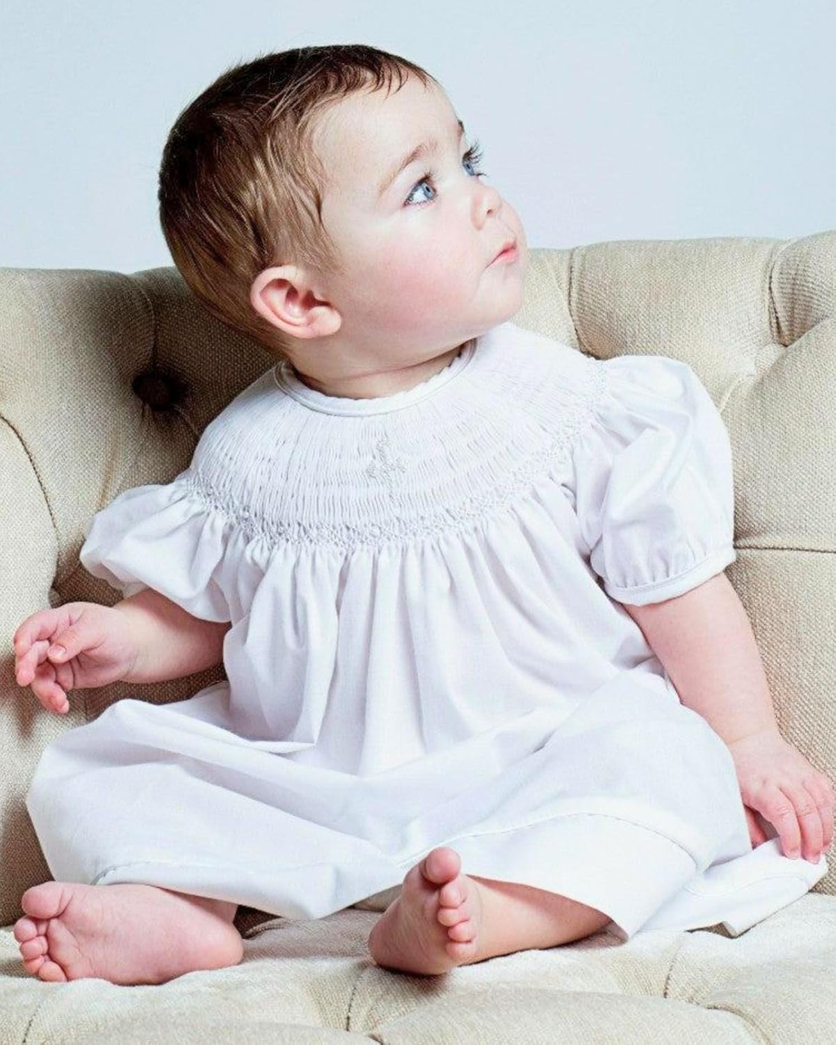 Baby Girl Baptism Dress with Bonnet – Hand-Smocked Christening Dress with Pearl Cross & Bishop Details