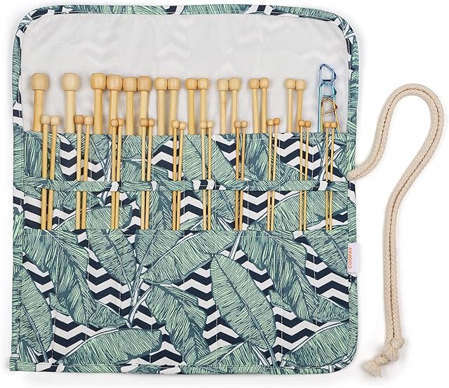 Coopay Knitting Needles Set with Case, Lightweight Knitting Needles Set Beginners, Bamboo Knitting Needles 25cm, Short Knitting Needle for Small Yarn Knitting Project, Leaf Print Knitting Needle Roll